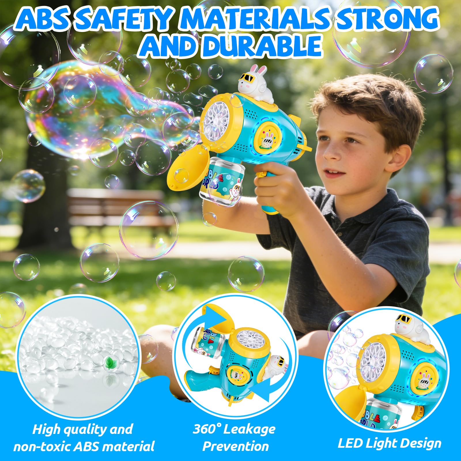 Pistola Bolle di Sapone, Macchina per Bolle Automatica per Bambini, 10000+ Bolle al Minuto, Giocattolo Pistola per Bolle Ricaricabile per Matrimonio, Compleanno, Festa, Pasqua (Bleu) - 3
