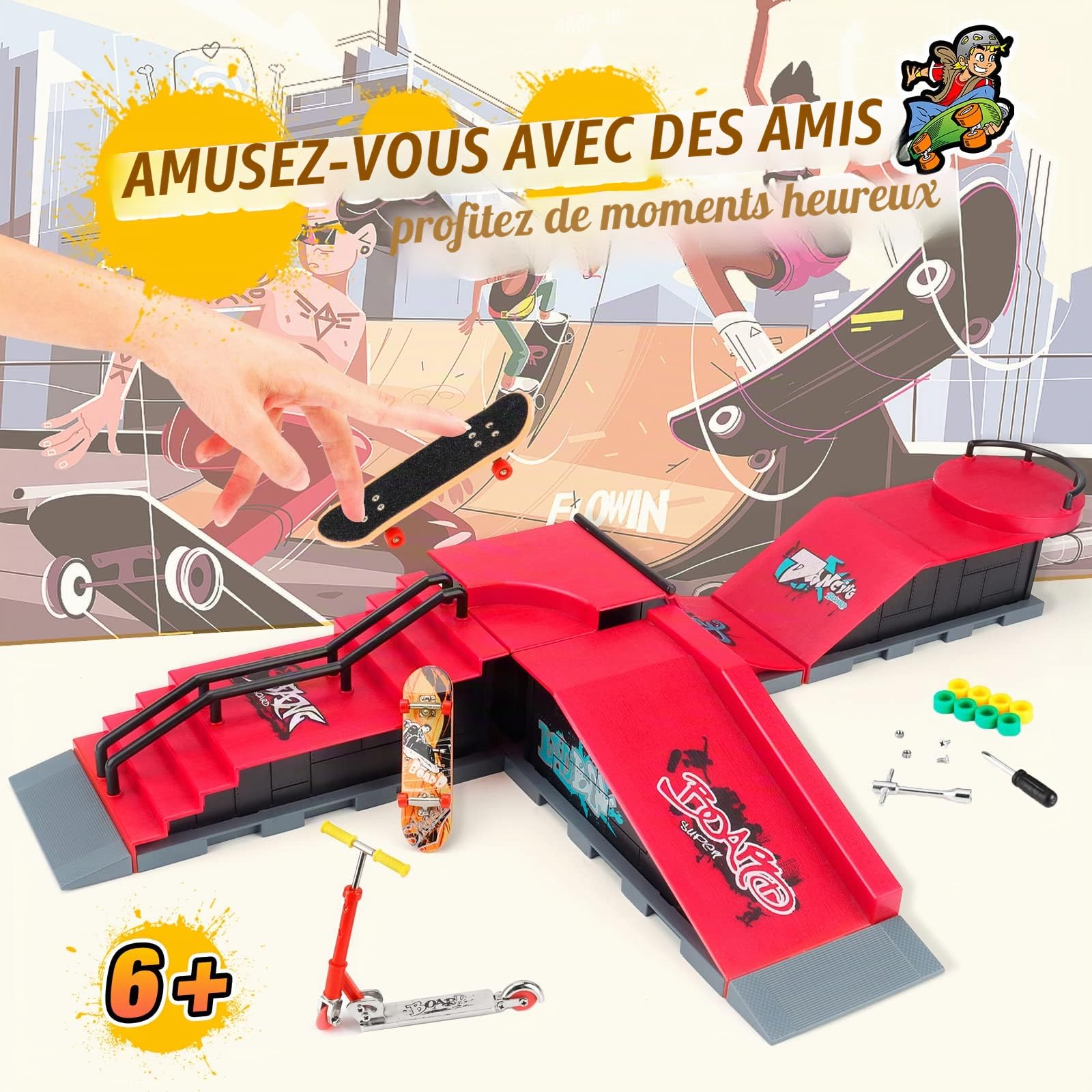 KETIEE Finger Skateboard avec Rampes de Skatepark, Finger Skate Park Kit Rampe de Touche avec Mini Finger Skateboard Mini Fingerboard Parc de Planche à roulettes Jouet Cadeau (1810-6E Upgrade)