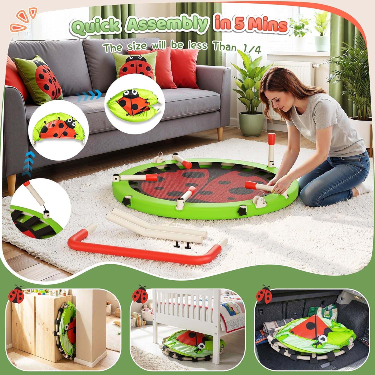 Premium 3FT Foldable Toddler Trampoline for Kids Ages 3-6, 36 Inch ASTM Certified Mini Trampoline with Adjustable Handle, 100 lbs Capacity, Quiet Elastic Bands, Safe for Indoor Outdoor Use