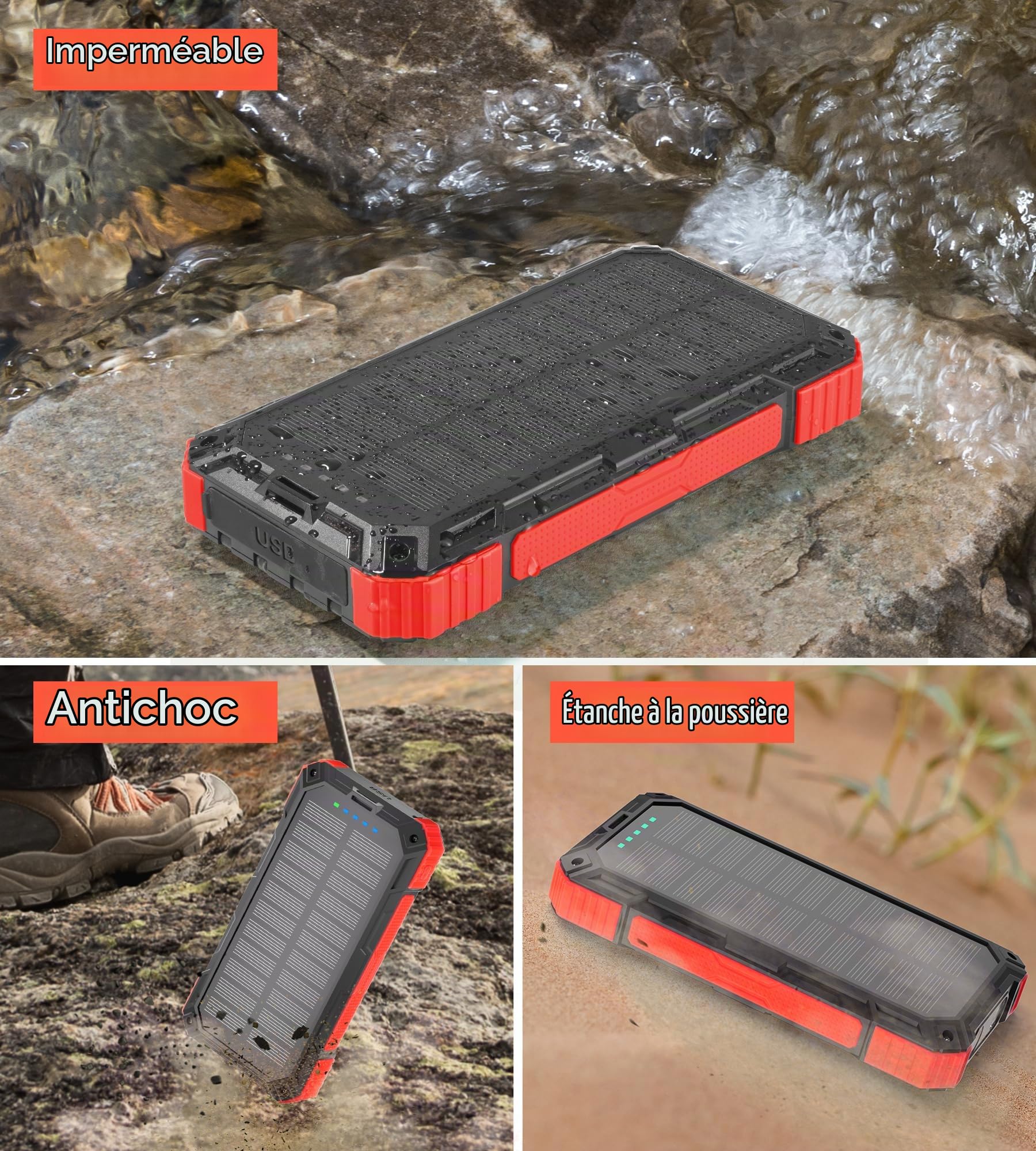 Batterie Externe Solaire 56800 mAh, Banque d'alimentation Solaire ExtéRieure éTanche LivréE avec 5 Sorties, 3 EntréEs, Lampe De Poche, Mousqueton, Boussole Qc 30 Et USB C Pd 20w pour TéLéPhones