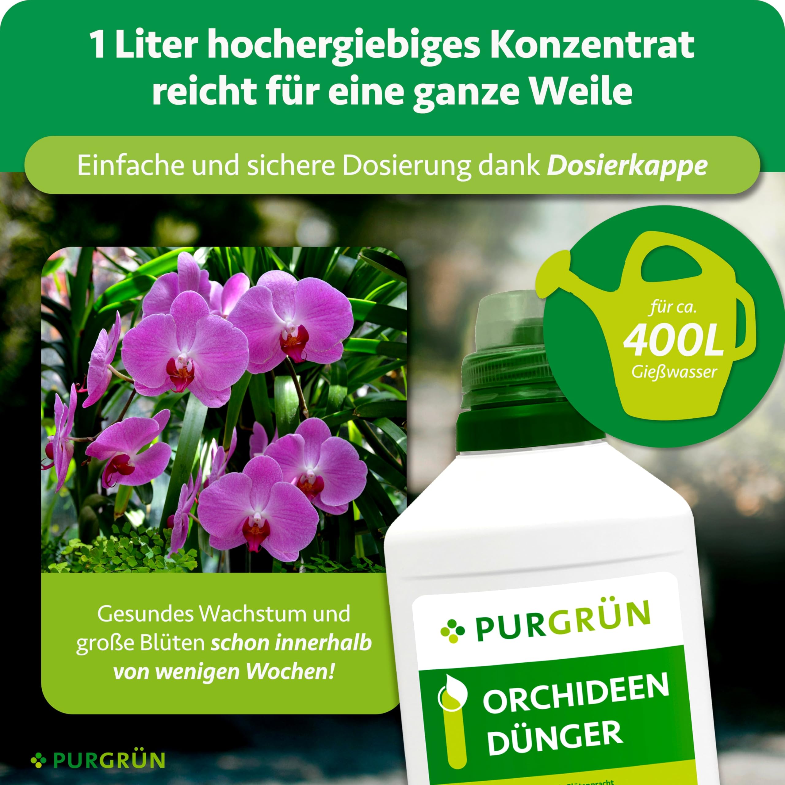 Orchideendünger 1 Liter – Lang anhaltende Blütenpracht dank Guano – Vollspektrum Nährstoffe für gesundes Wachstum – Konzentrat für ca. 400 Liter Gießwasser – Premium-Flüssigdünger