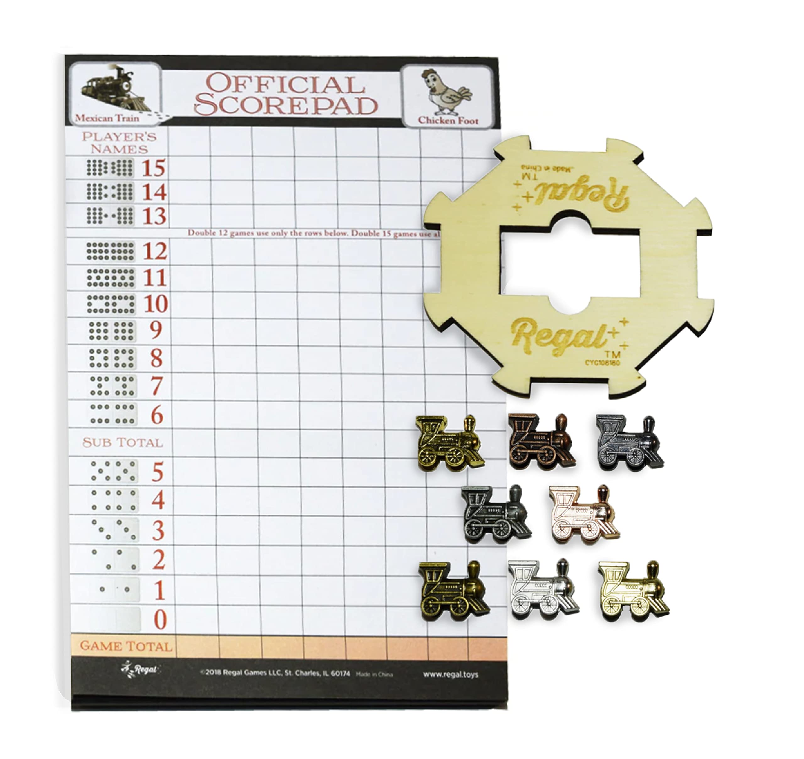 Regal Games Mexican Train Domino Expansion Set - 8 Metal Marker Trains with Unique Finishes - Replacement Wooden Hub - Scoresheet