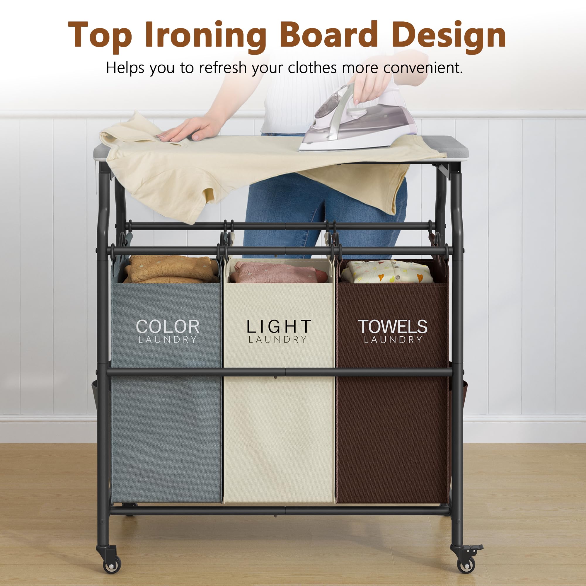 Hoctieon Clasificador de ropa sucia de 3 secciones con tabla de conexión, cesta con ruedas | Con tabla de planchar, cesta con estante y ruedas, organizador de ropa resistente, separador de ropa grande