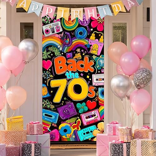Miniatura 9 de Cartel de puerta de feliz cumpleaños de los años 90 de 35 x 71 pulgadas, cubierta retro para puerta de fiesta con reproductor de cassette, diseño de