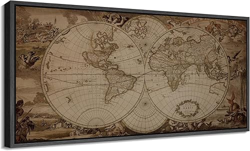 SIGNFORD Lienzo enmarcado extra grande, mapa del mundo vintage, estilo antiguo, ilustraciones geográficas, arte moderno, tranquilo y cálido para