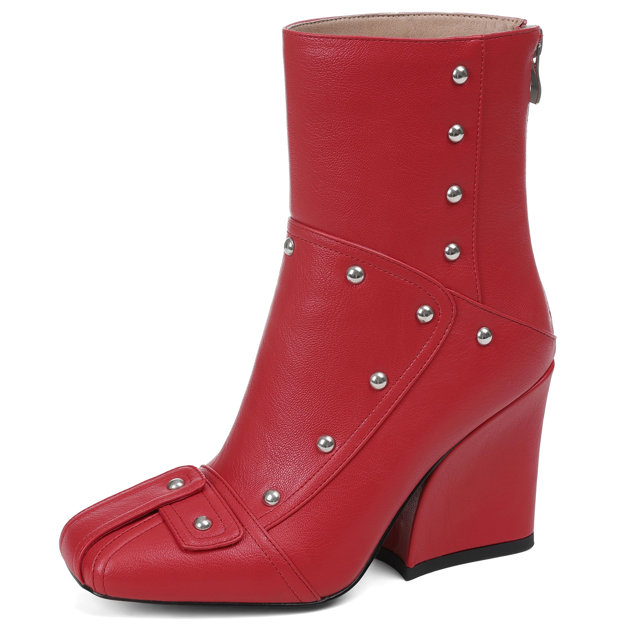 Women Ankle Boots Black High Heel Ankle Booties Red Chunky Punk Booties Square Toe Back Zipper Boots 3