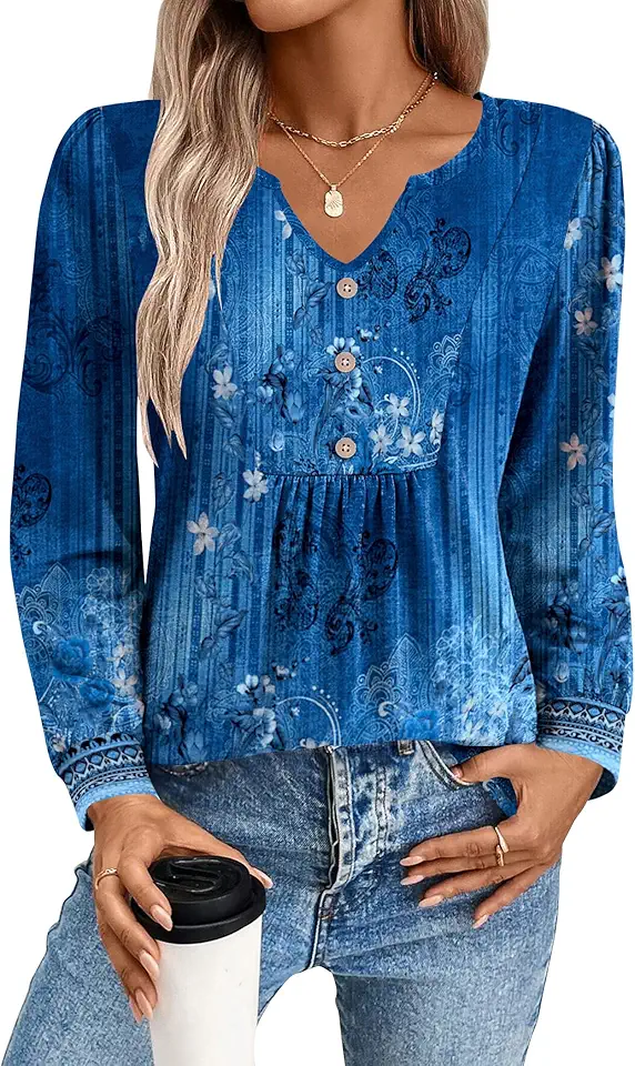 Zeagoo Long Sleeve Shirts for Women 2025 Casual Pleated V Neck Fall Tunic Tops Button Down Blouse Dressy Loose T-Shirts