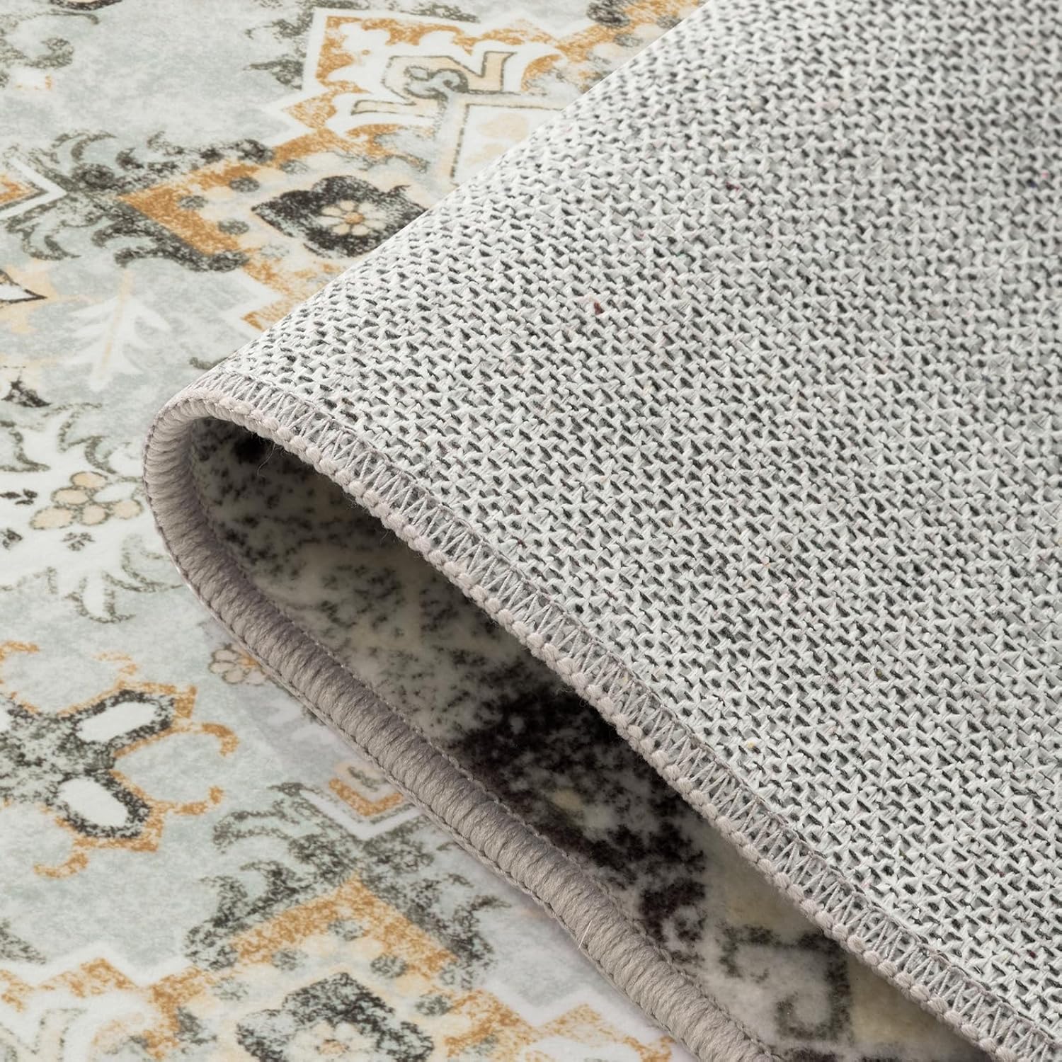Asrug 5x7 Washable Area Rug, Flower Boho Rug for Dining Room Under Table, Non-Slip Low-Pile Stain Resistant Floor Mat Carpet Indoor Rug for Bedroom Living Room Enterway, Light Grey, 5x7