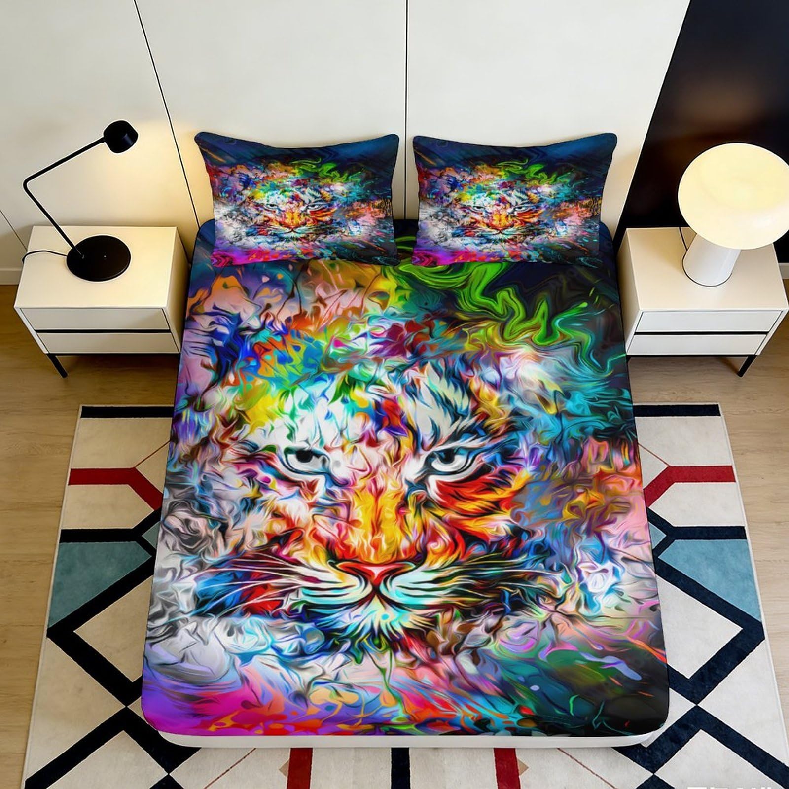 Uynsixtme Style-10 3D Printed Colourful Tiger Fitted Sheet Microfiber Deep Pocket Bedroom Set Non-Slip Colourful Tiger Mattress Fitted Cover For Adults Teens 90X200x25cm