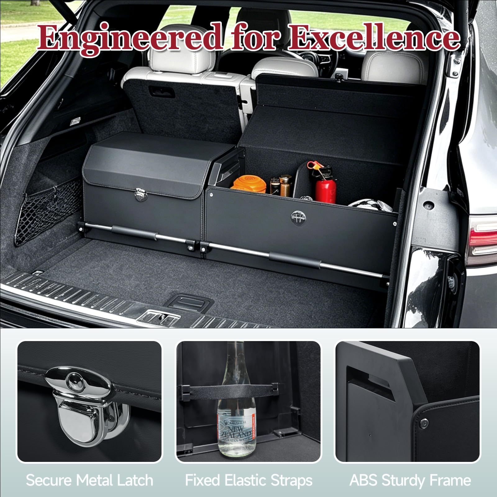 Organizador de maletero con tapa, caja modular 2 en 1 XXL de piel Nappa, asa deslizante empujable, gran capacidad 92L compatible con coches, SUV y monovolúmenes (103 x 29 x 31 cm)