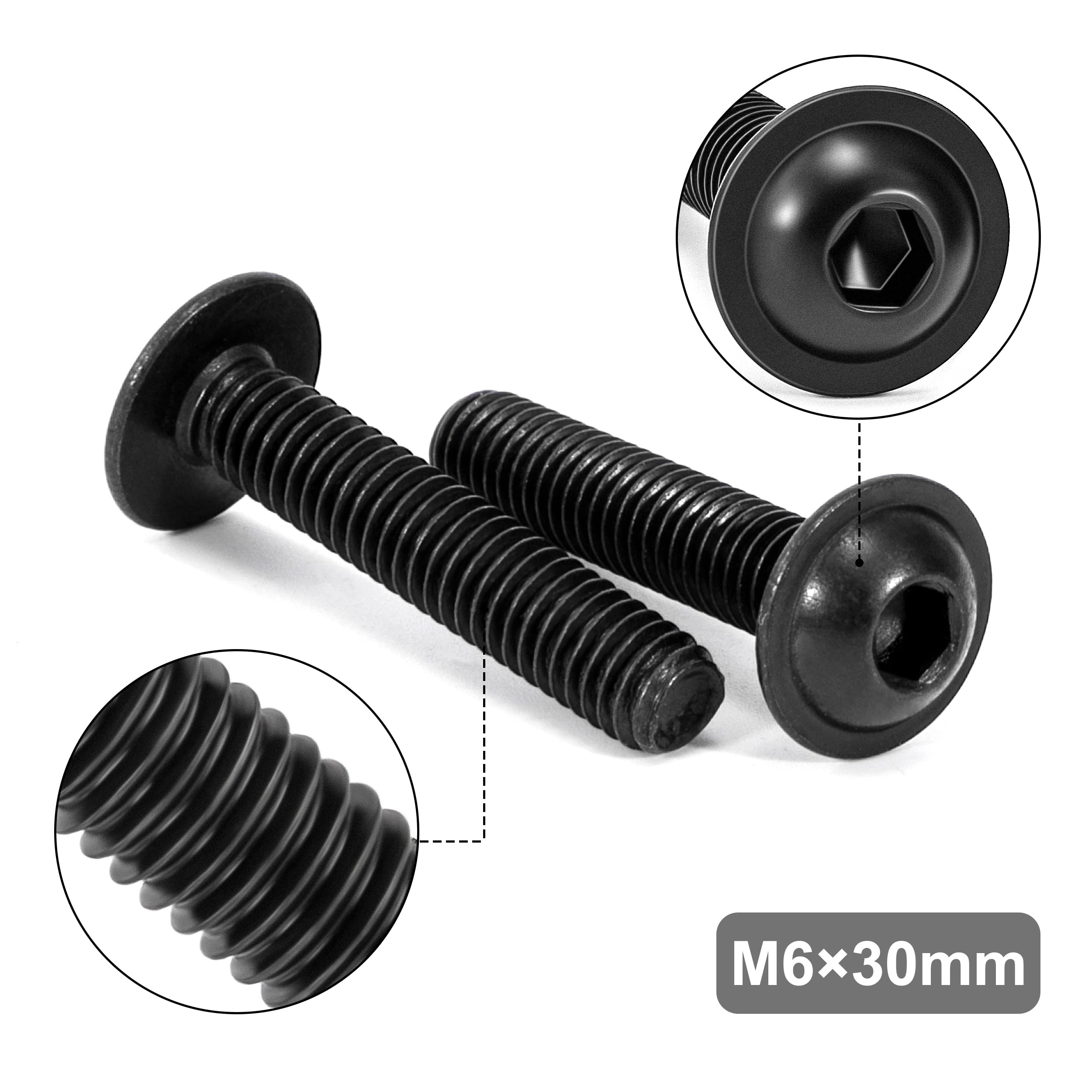 Tunejoy 20 Pezzi Viti a Testa Bombata con Flangia M6 x 30 mm Nero Vite a Testa Esagonale Bulloni in Acciaio Inox A2 V2A Viti a Brugola con Chiavi a Esagono Filettatura Completa
