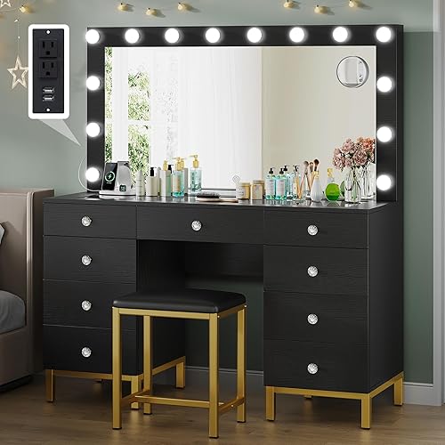 YITAHOME Vanity Desk with Mirror, Power Outlet and 14 Lights, Makeup Table with 9 Drawers, 3 Lighting Colors, for Bedroom and Dressing Areas, Black