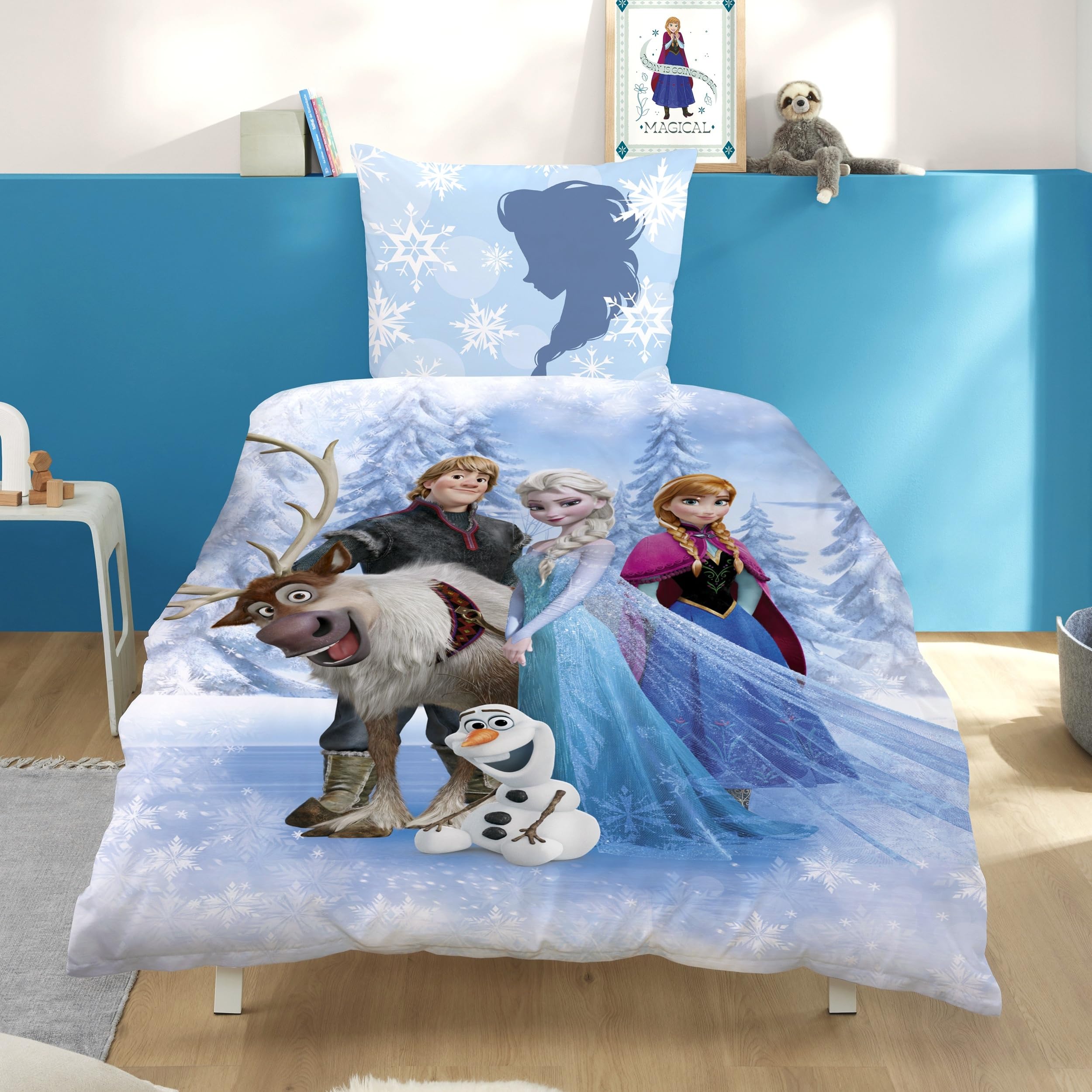 Familando – Frozen Anna, ELSA, Sven & Olaf Bettwäsche-Set (2-teilig) – Decken- & Kissenbezug 135x200 cm & 80x80 cm mit Reißverschluss – Renforcé – Atmungsaktiv & hautfreundlich – Öko-TEX Zertifiziert