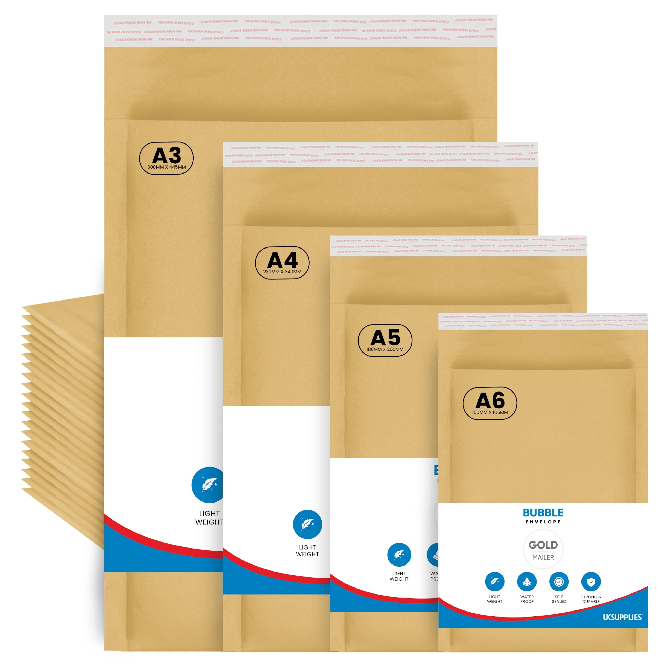 UK SUPPLIES LIMITED A6 A5 A4 A3 Mix Assorted Sizes (Pick Any Pack Size) Padded Gold Bubble Envelopes Peel & Seal Bags Bubble Mailer Postal Wrap Envelope Parcel Mailers for Mailing Goods, 40 Pack