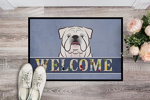 Miniatura 3 de Caroline's Treasures BB1406MAT - Tapete de bienvenida de bulldog inglés blanco de 18 x 27 pulgadas, tapete azul para puerta delantera, para