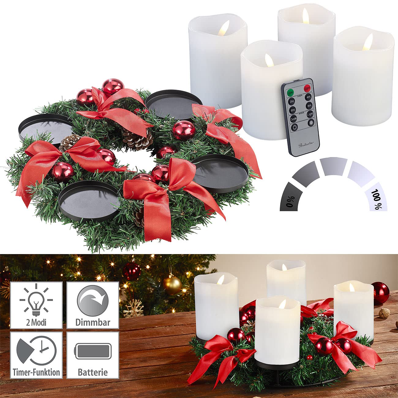 Adventskraenze: Adventskranz mit rotem Schmuck, inkl. LED-Kerzen in weiß (Adventskranz künstlich geschmückt, Adventdekorationen, Kerze)