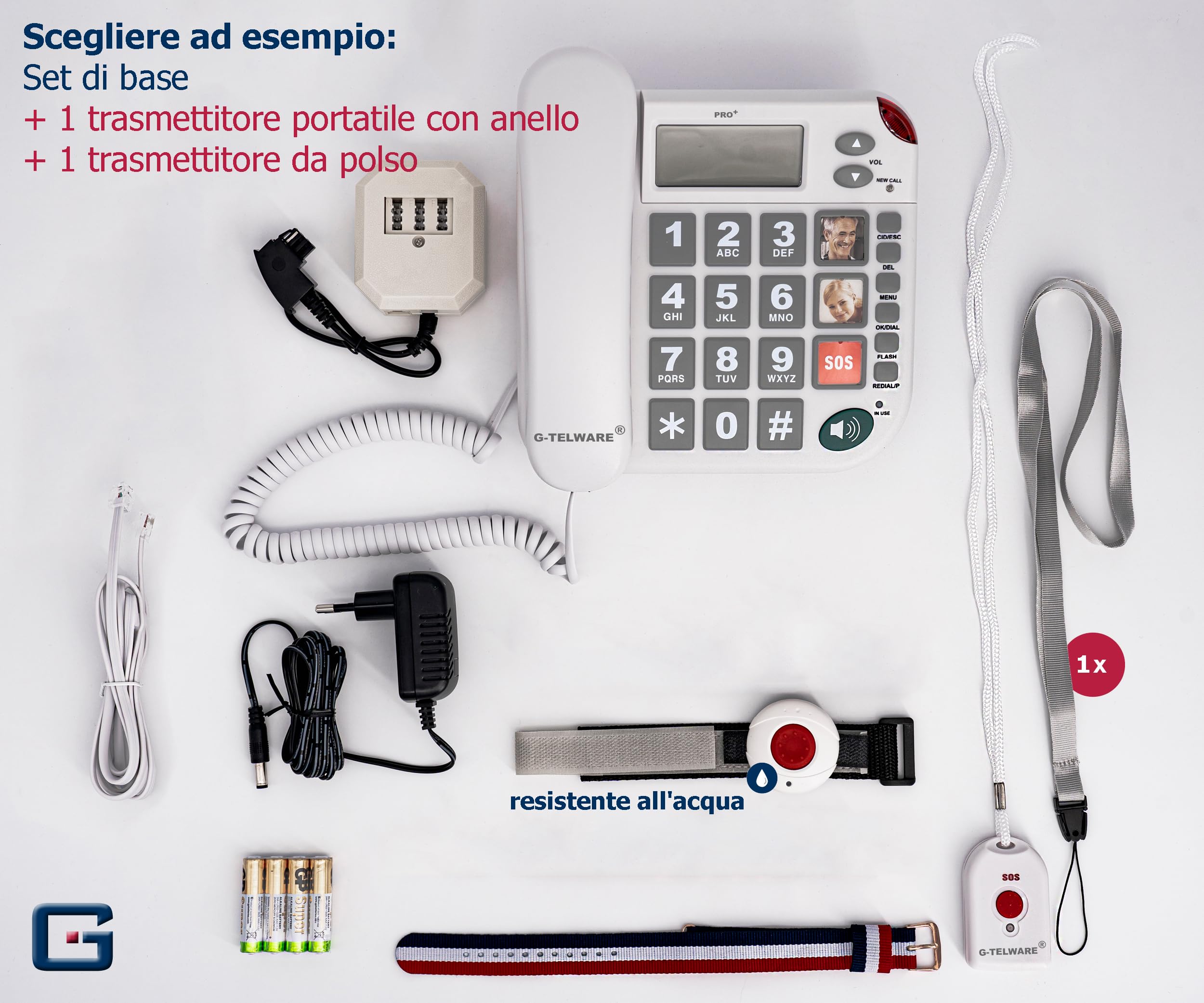 PRO+(G-TELWARE®) - Telefono fisso per anziani con braccialetto di emergenza, con catena di chiamata di emergenza per una accessibilità garantita, chiamata di emergenza a casa per i parenti, con