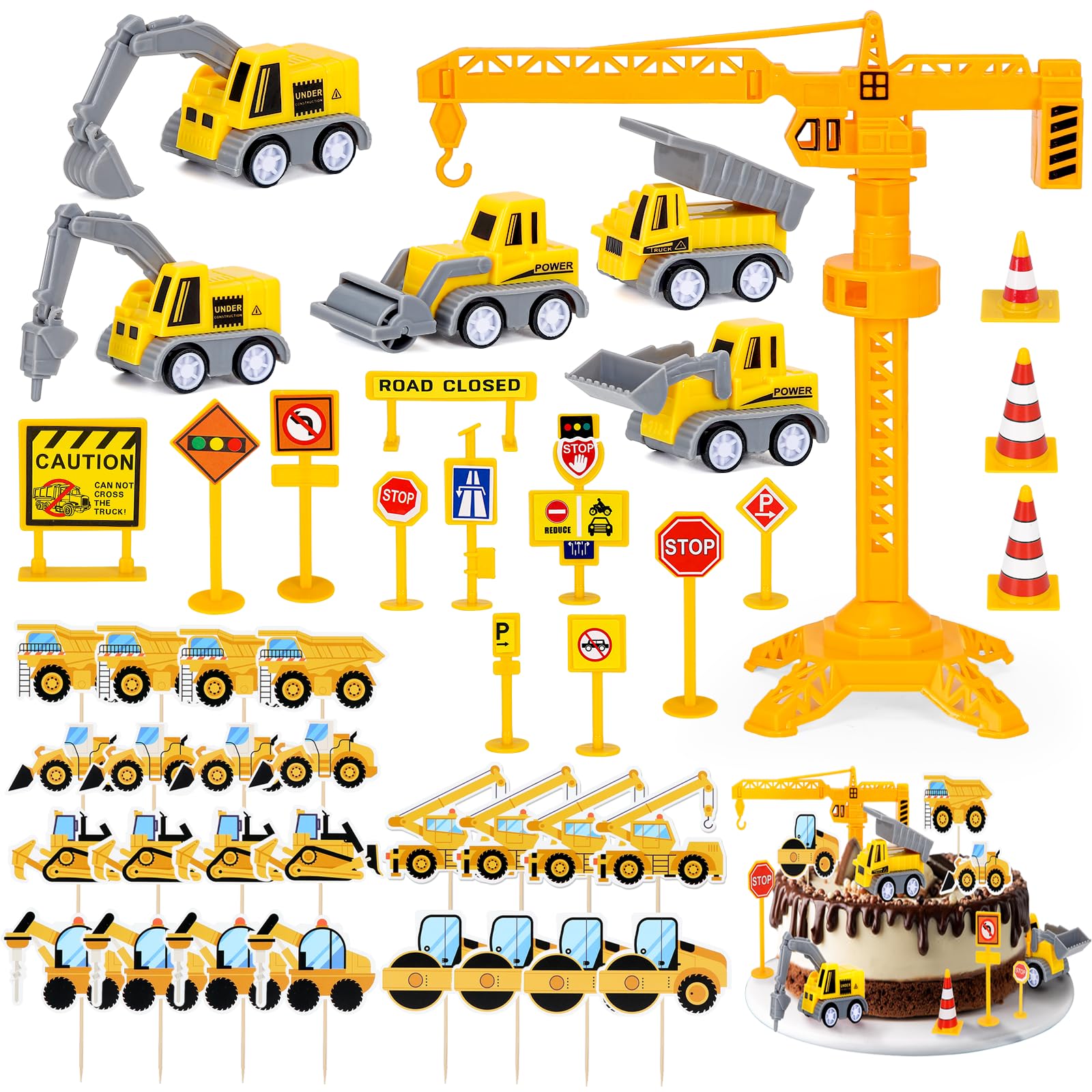 Digger Cake Decorations Construction Toys: IETWATE 44 Pcs Mini Construction Vehicles Toys Sets, Digger Birthday Decorations with Road Toy Sign for Kids Baby Shower Birthday Theme, Cake Decoration
