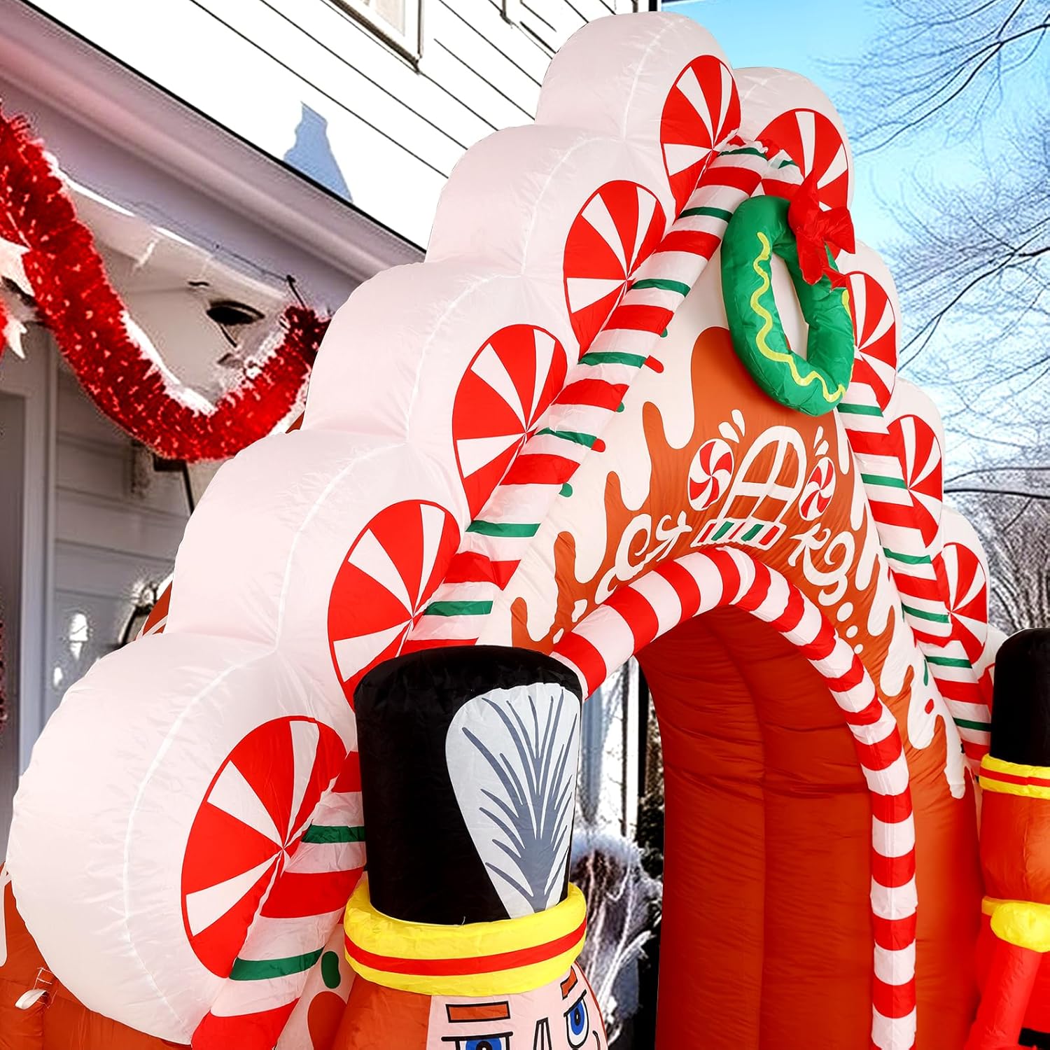 WBHome 10 Ft Christmas Inflatable Gingerbread Candy House with Nutcrackers Outdoor Decorations, Giant Xmas Blow Up Yard Decor with Built-in LED Light for Lawn Home Party Indoor Outdoor