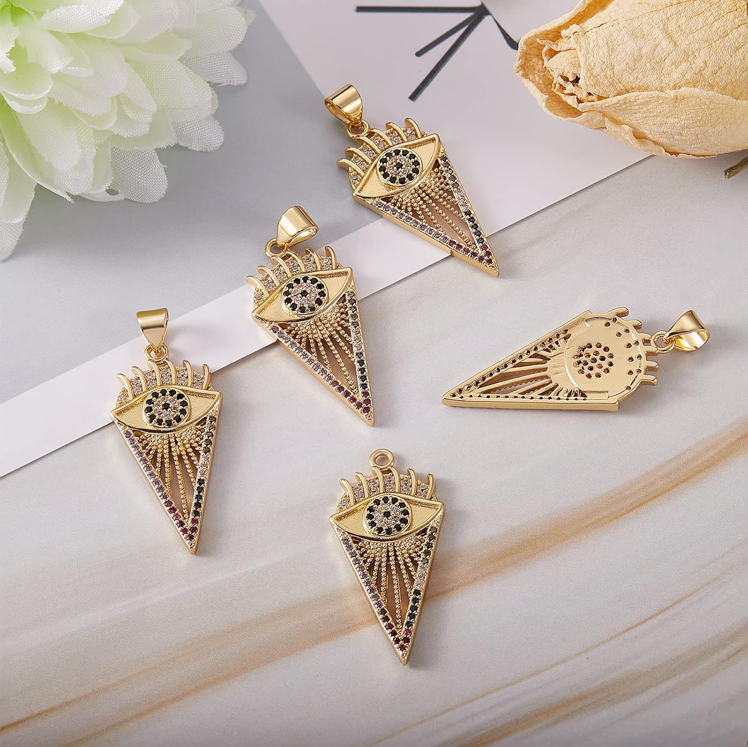 5 Pieces Heart Eye Cubic Zirconia Charm Pendants Real 16K Gold Plated Charm for Jewelry Necklace Bracelet Earring Making Crafts - Image 4