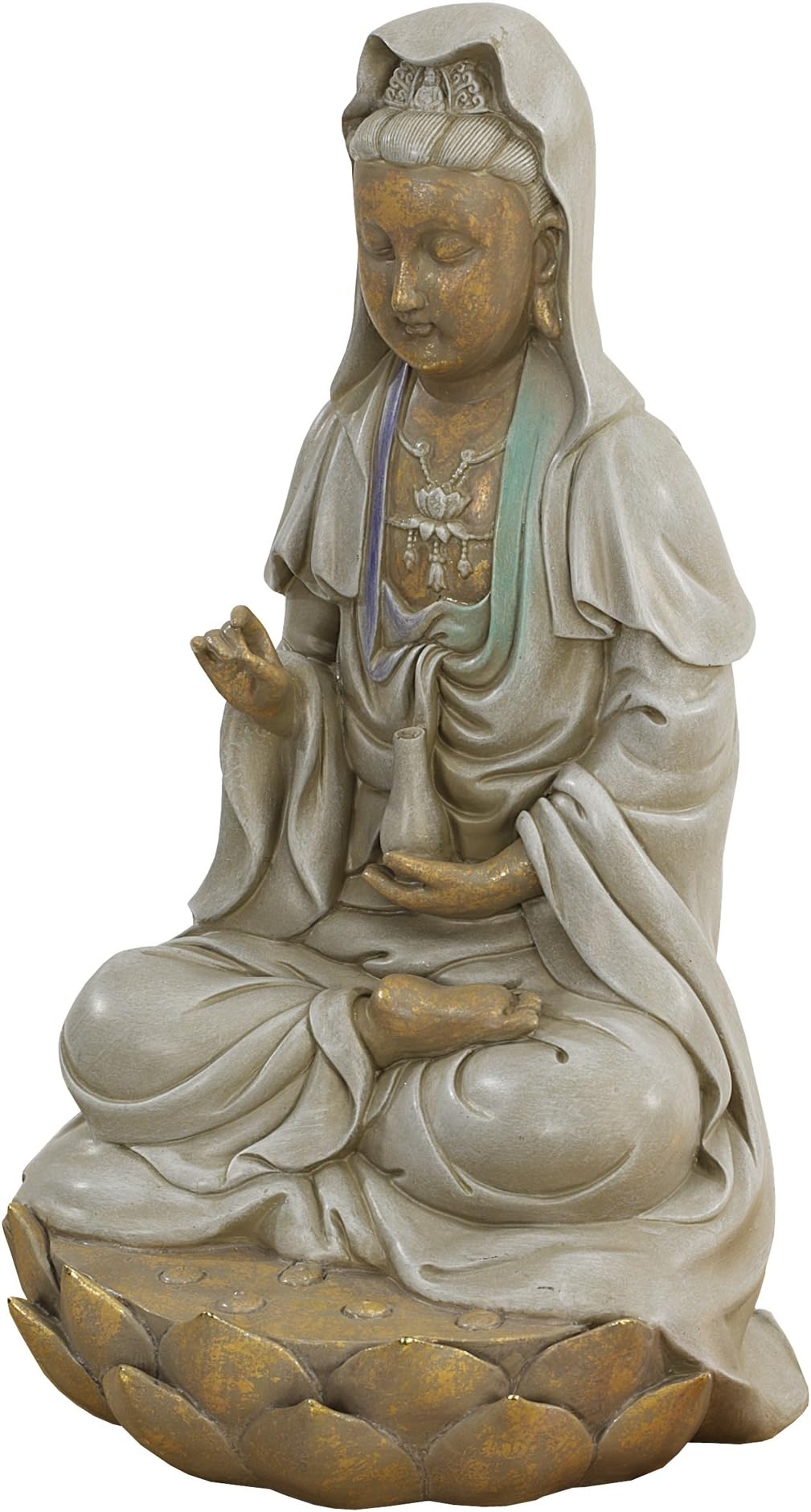 Design ToscanoAsian Goddess Guan Yin Seated on Lotus Outdoor Garden Statue, Polyresin, 30.5 cm