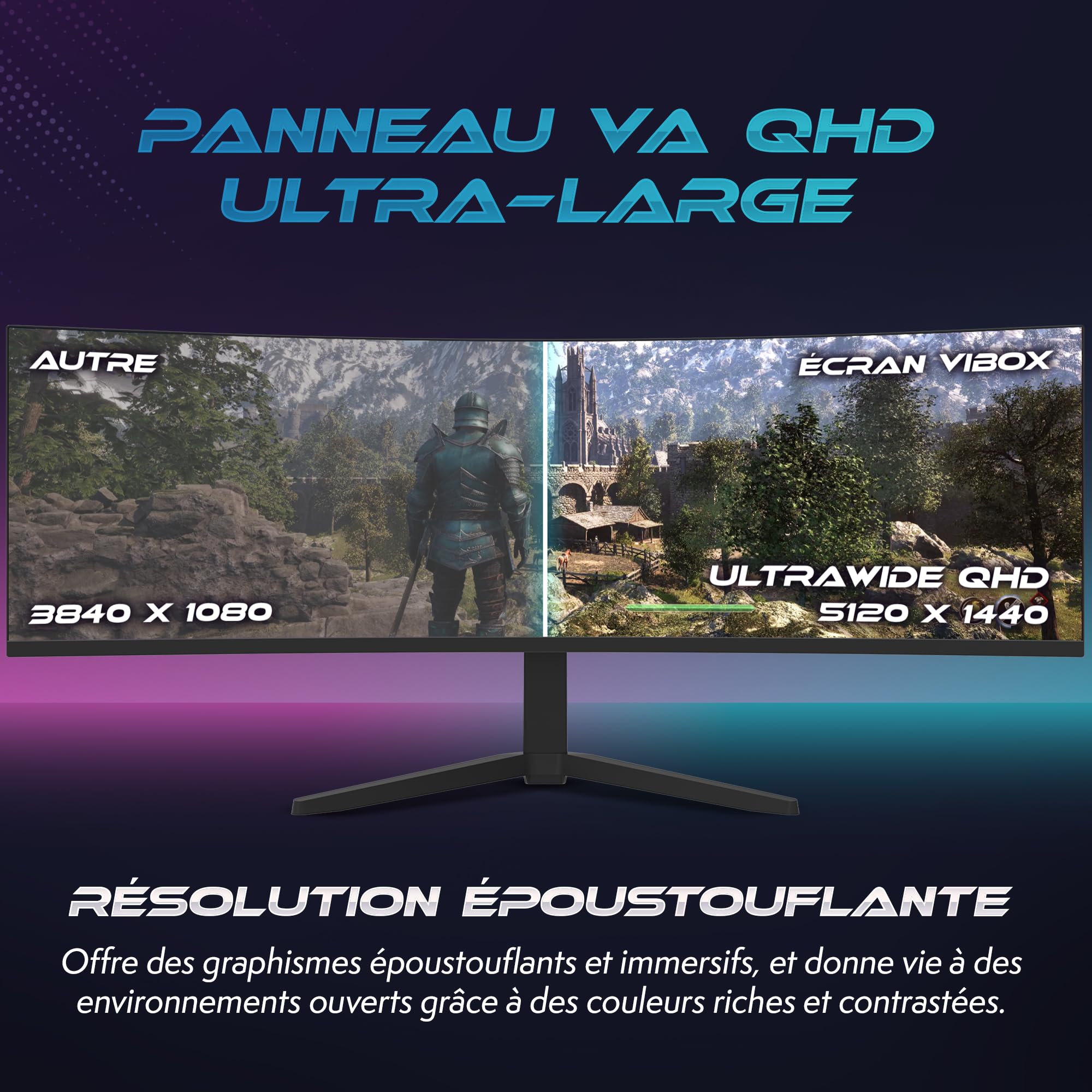 VIBOX 49 Pouces 165Hz Écran Gaming Incurvé Ultra-Large - DQHD, 1 ms, Adaptive Sync, HDMI et DisplayPort