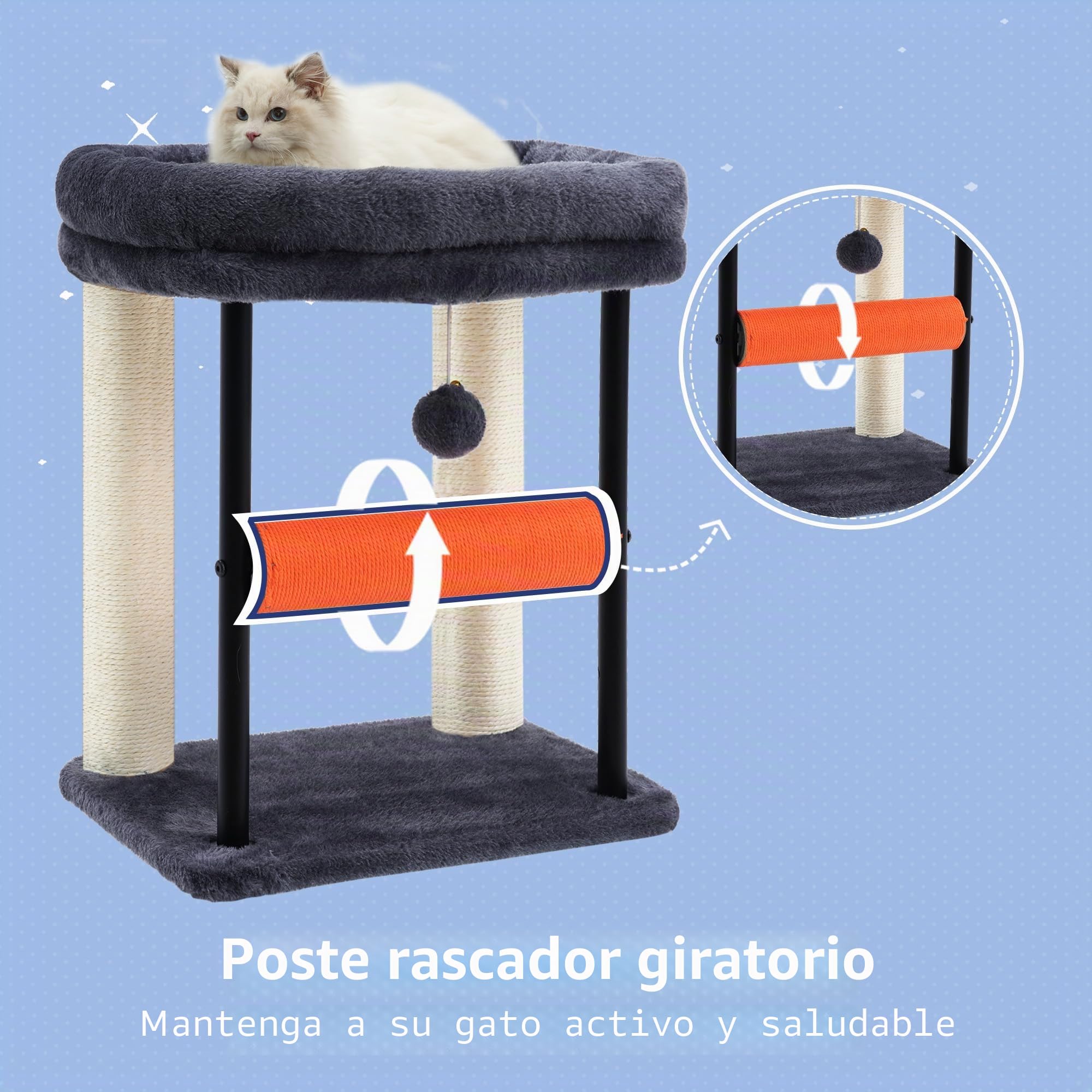 Hey-brother Árbol rascador pequeño para Gatitos 50 cm, Poste rascador Giratorio de sisal, Plataforma de Felpa, Columna Cubierta de sisal, Incluye Pelotas jugueteras, Gris Humo EMPJ010SG