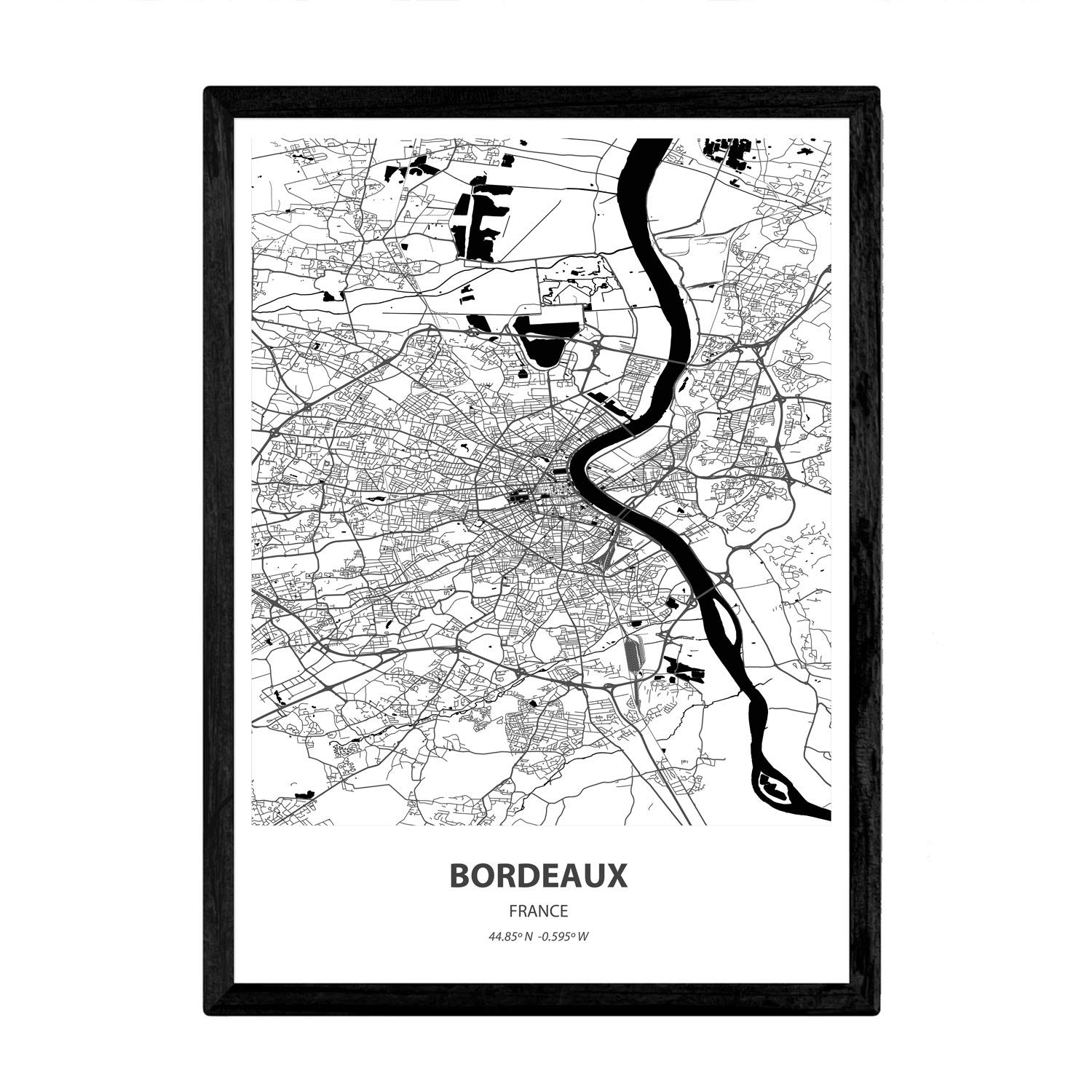 Nacnic Poster with map of Bordeaux - France. Sheets cities in France with seas and rivers in black color. A3 size frame