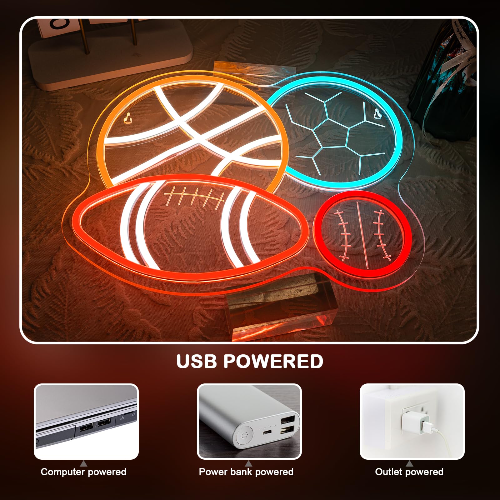 Looklight Neonowy znak świetlny, piłka nożna, koszykówka, baseball, piłka nożna, znak LED, 4 piłki, neonowe znaki na ścianę, podświetlany znak LED, do pokoju zabawek, sypialni, prezent dla entuzjastów