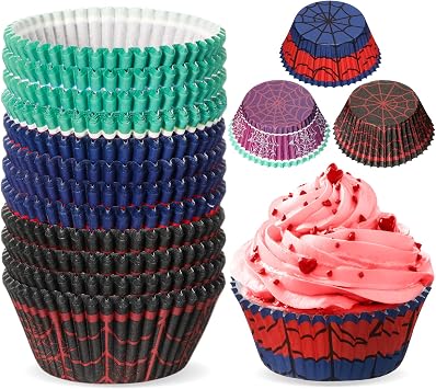 Reallnaive 300 Pcs Spider Theme Cupcake Liners Paper Baking Cups Red Blue Spider Muffin Cup Cake Wrappers for Cakes Baking Ice Cream Dessert Cheese Wedding Birthday Party Supplies Decoration