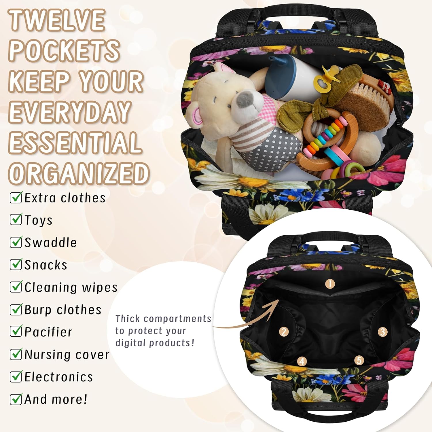 Colorful Farmhouse Wildflower Diaper Bag Backpack Travel Backpack for Women Insulated Pockets Portable bags with USB Charging Port Anti Theft Bag