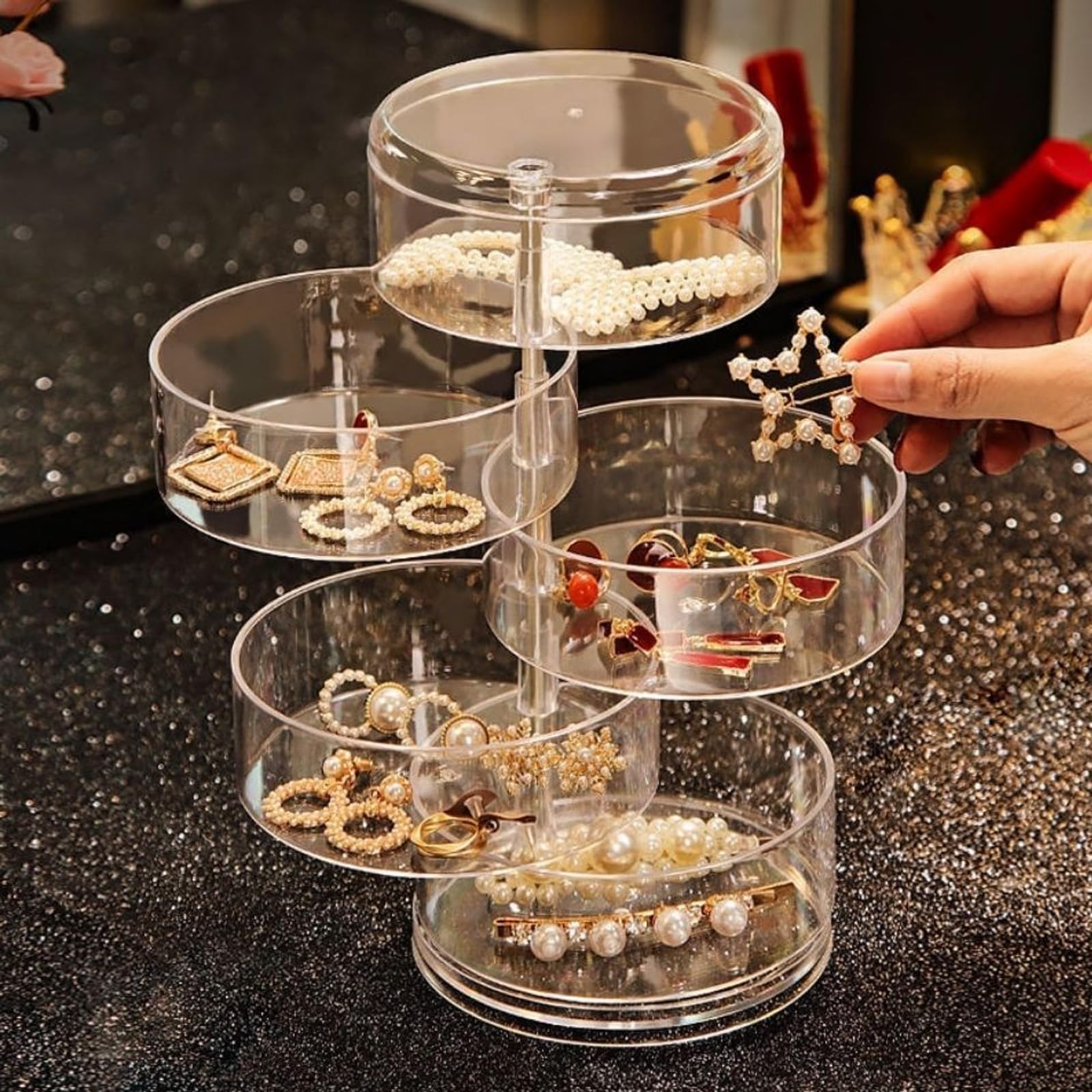 Organizador de joyas giratorio de 5 capas, caja organizadora de aretes pequeños para mujer, almacenamiento de accesorios de joyería transparente con tapa para aretes, pulseras, collares