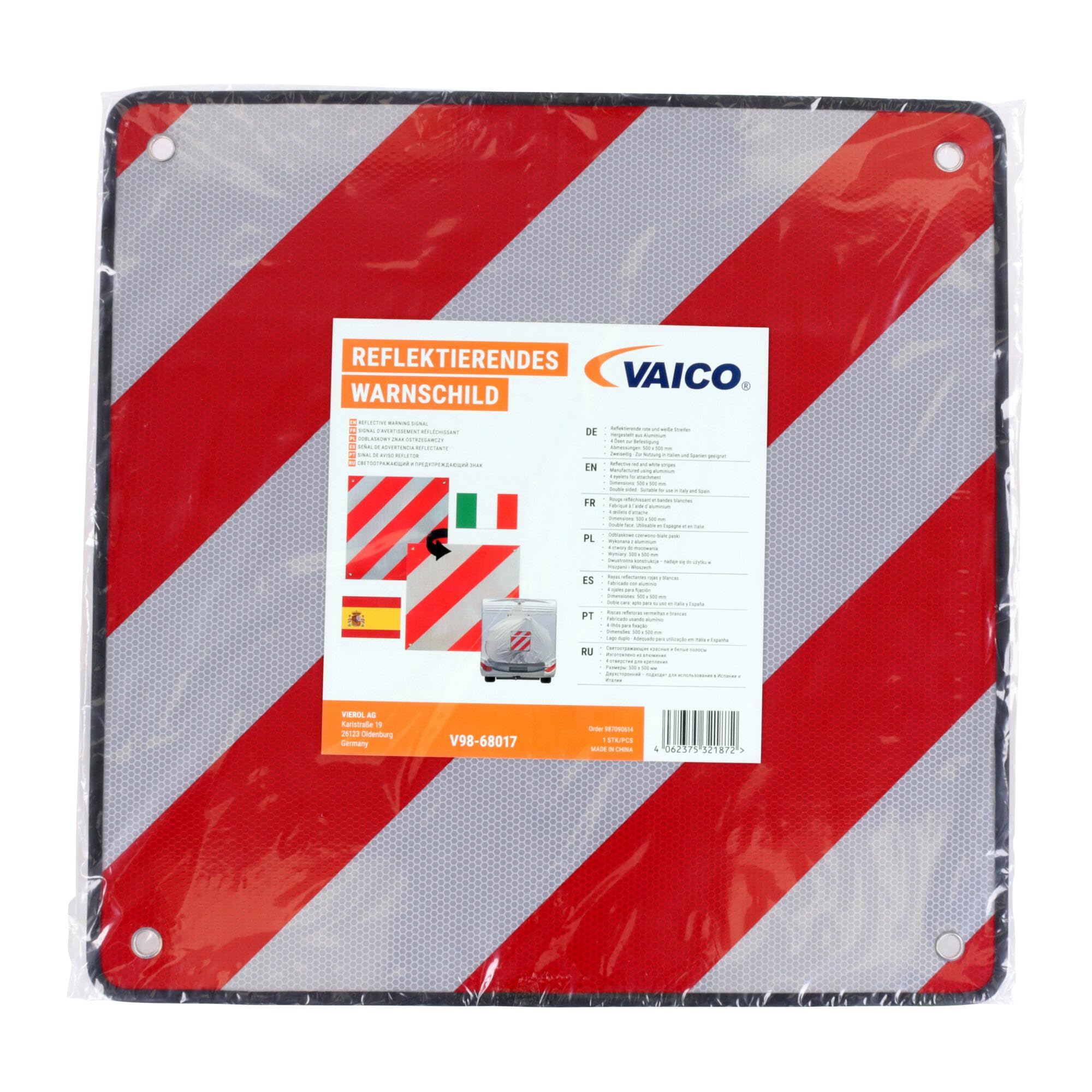 VAICO V98-68017 WARNTAFEL PASSEND FÜR HINTEN SPANIEN UND ITALIEN 2 IN 1 PASSEND FÜR FAHRRADTRÄGER HECKTRÄGER