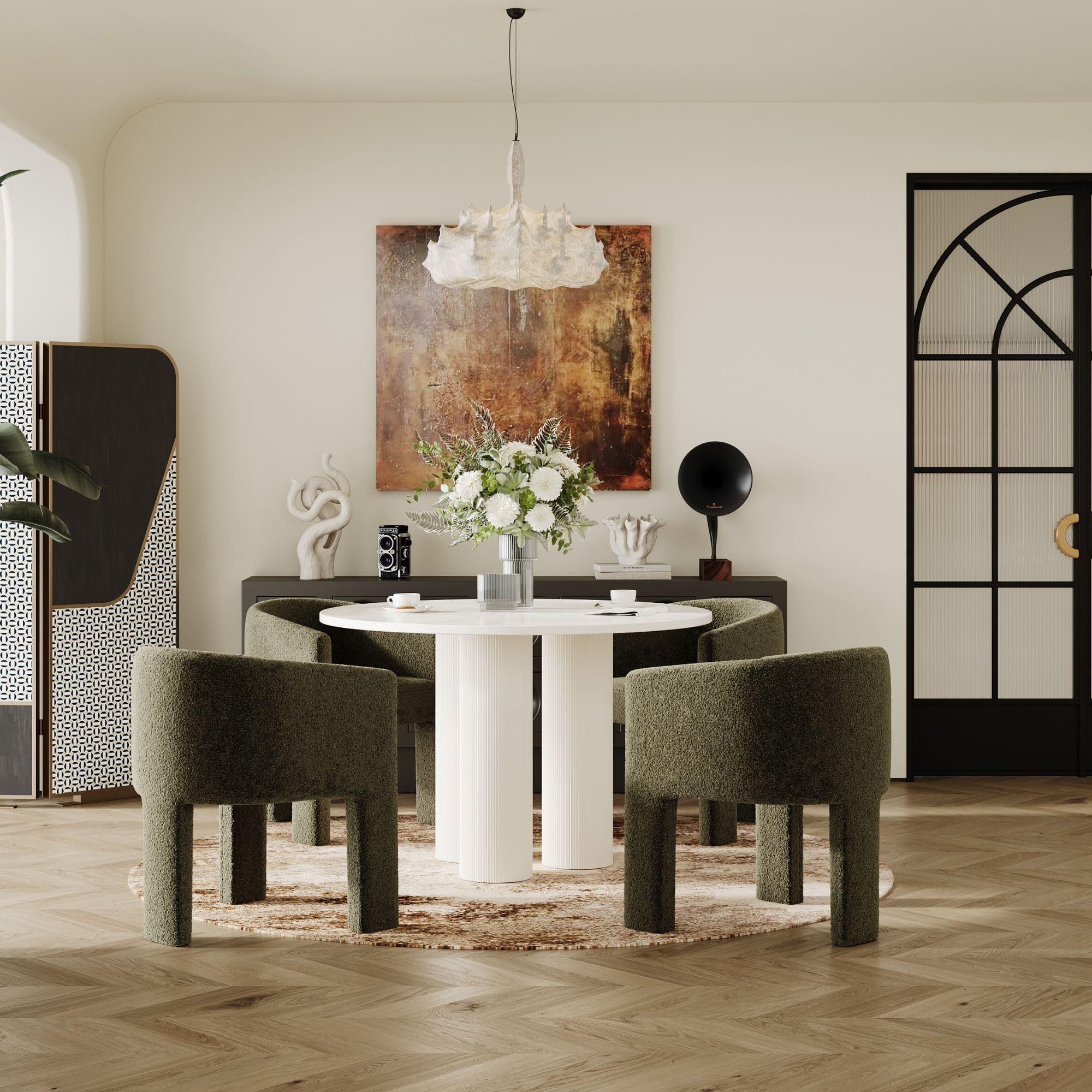 Wahson Green Boucle Dining Chairs, Modern Barrel Dining Chairs with Arms, Upholstered Kitchen & Dining Room Chair Comfy Side Chair Sherpa Accent Chairs for Kitchen/Dining/Living Room, Set of4