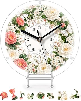 WOODBESTS DIY Acrylic Puzzle Clock Kit8.1IN-Pink White Roses