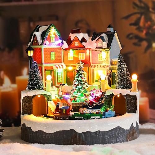 Miniatura 5 de Juego de pueblo de Navidad de 9 pulgadas, tren de árbol de Navidad animado en movimiento, baterías USB/3AA, casa de pueblo de música, decoración