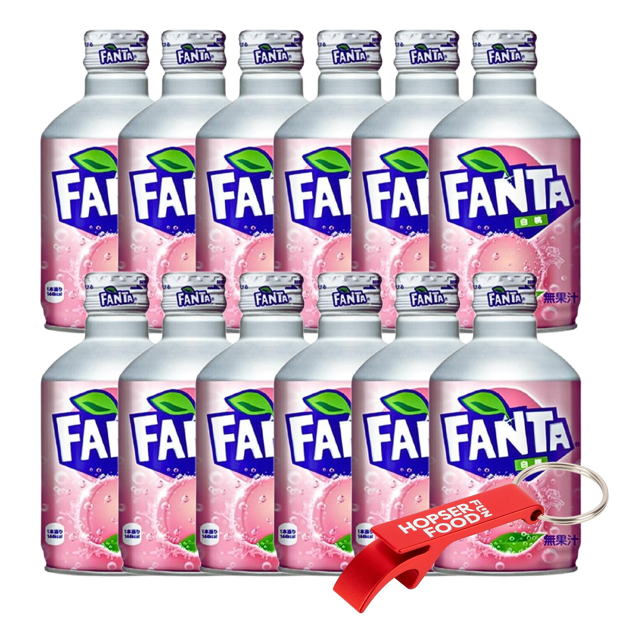 Fanta White Peach Japan 12 × 300 ml Alu-Flaschen + Gratis Hopser Funfood Flaschenöffner – Weißer Pfirsich aus Japan – exotisch, spritzig inkl. Pfand