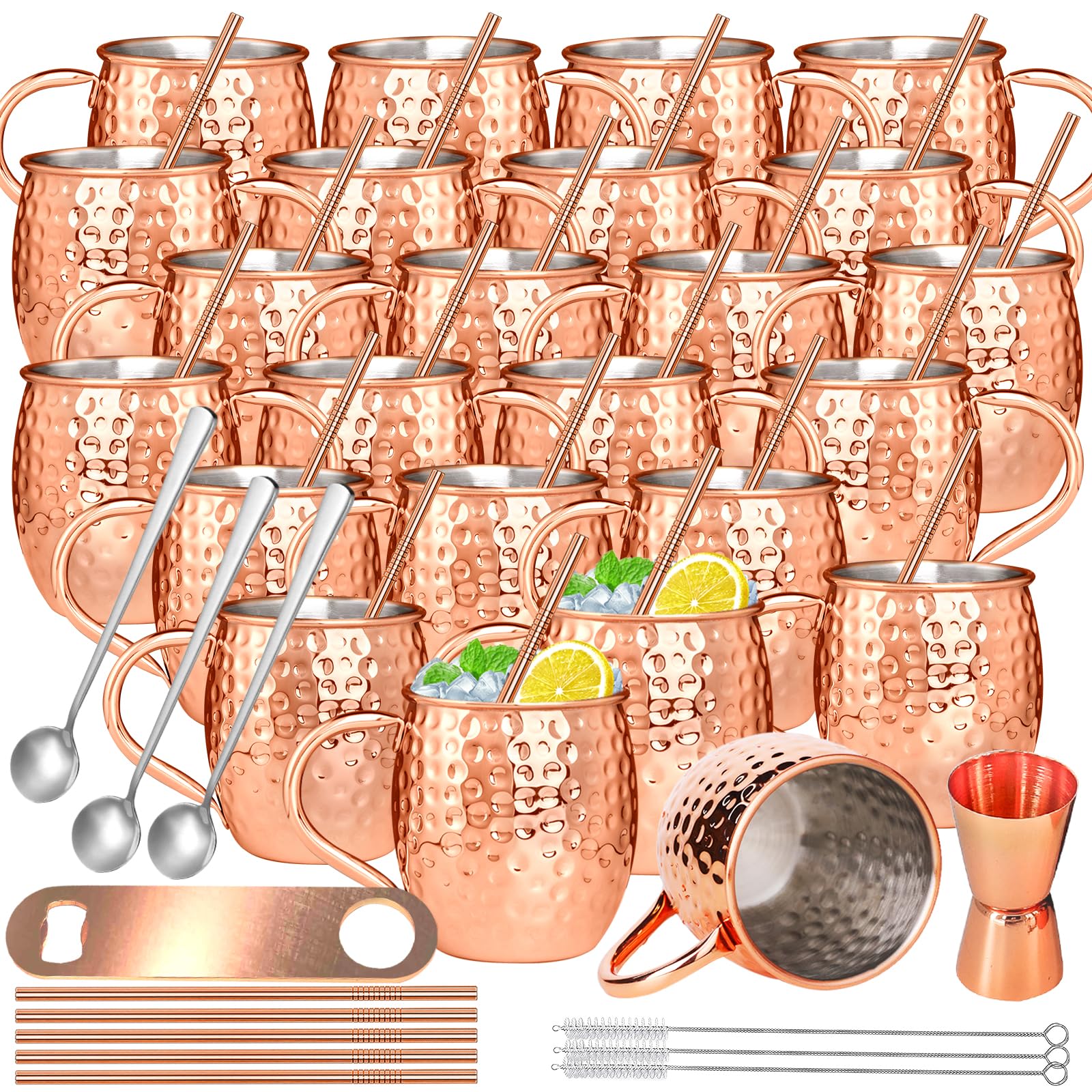 Moscow Mule Copper Mugs 19oz Moscow Mule Mugs Set of 24 Bulk Large Copper Hammered Plating Cups with Round Handle,1pcs 0.5oz Double Jigger, 24pcs Straws for Cold Chilled Drinks Cocktails Gift