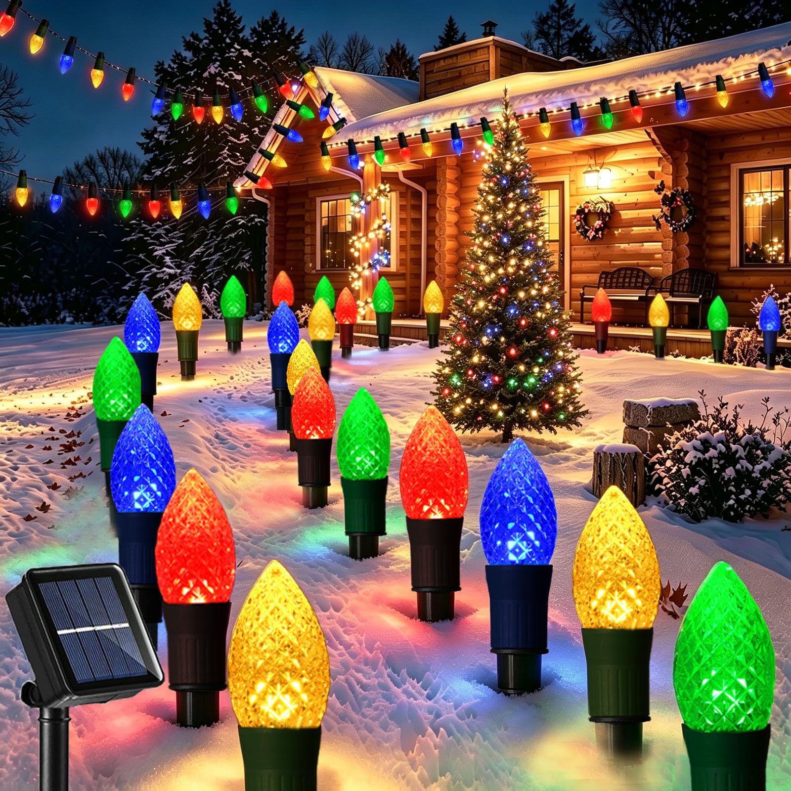 Solar Christmas Pathway Lights, 20 LED C9 String Lights with 20 Stakes, 23FT Solar Powered Multicolored Decorations for Roof, Yard, Patio, Walkway, Driveway