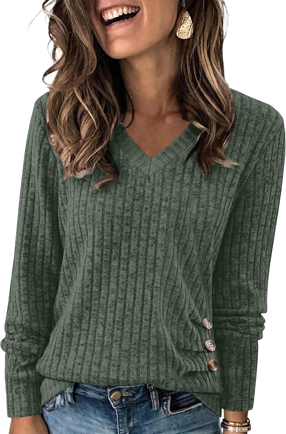 Sampeel V Neck Long Sleeve Shirts Button Side Sweaters Color Block Tops image 2