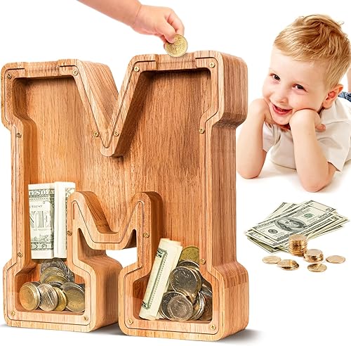 SummiDate Alcancía de letras de madera, alcancía para niños y niñas, banco de dinero del alfabeto M, regalo de cumpleaños para niños, regalo del día
