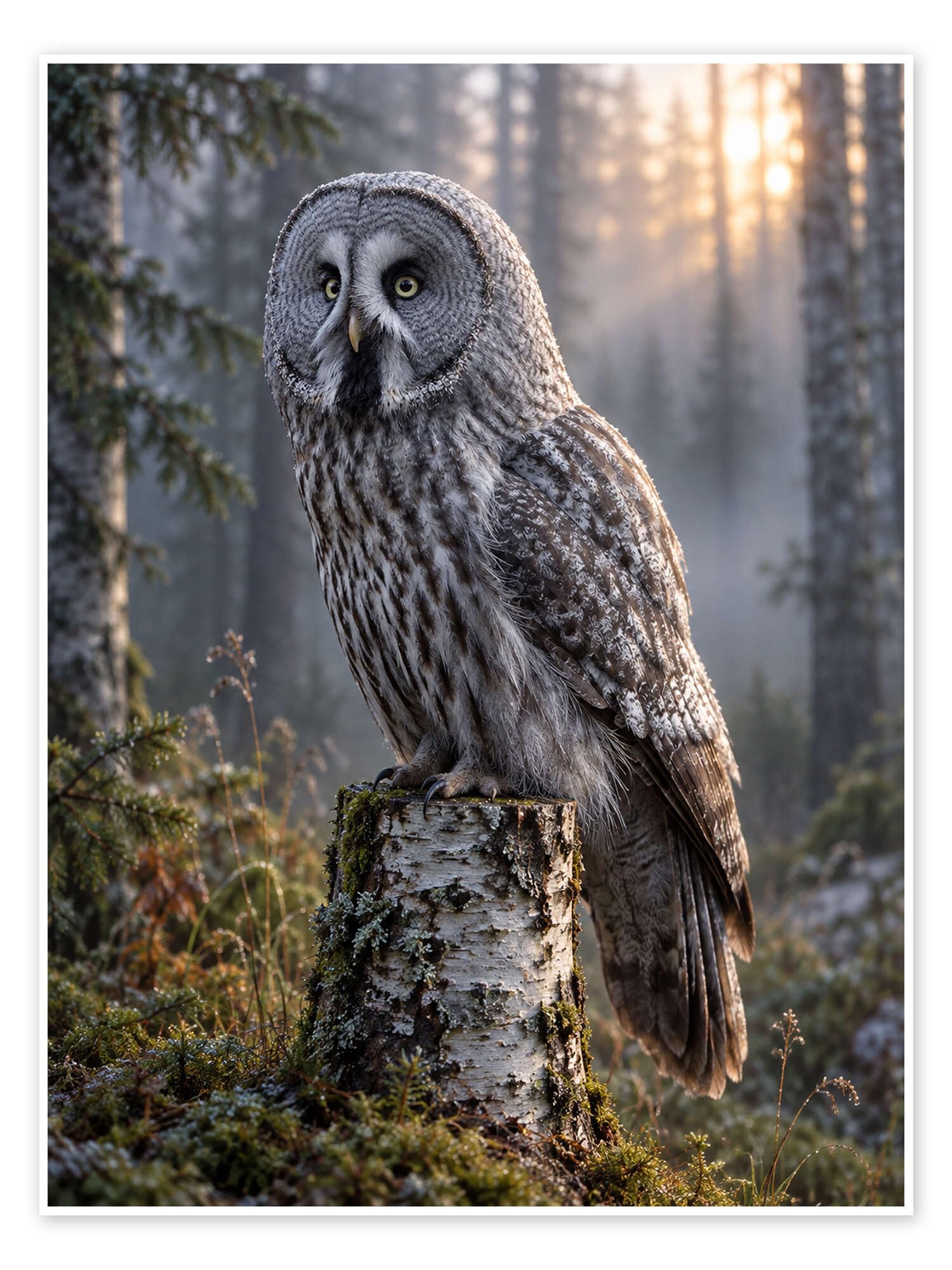 Owl on birch stump Plakat