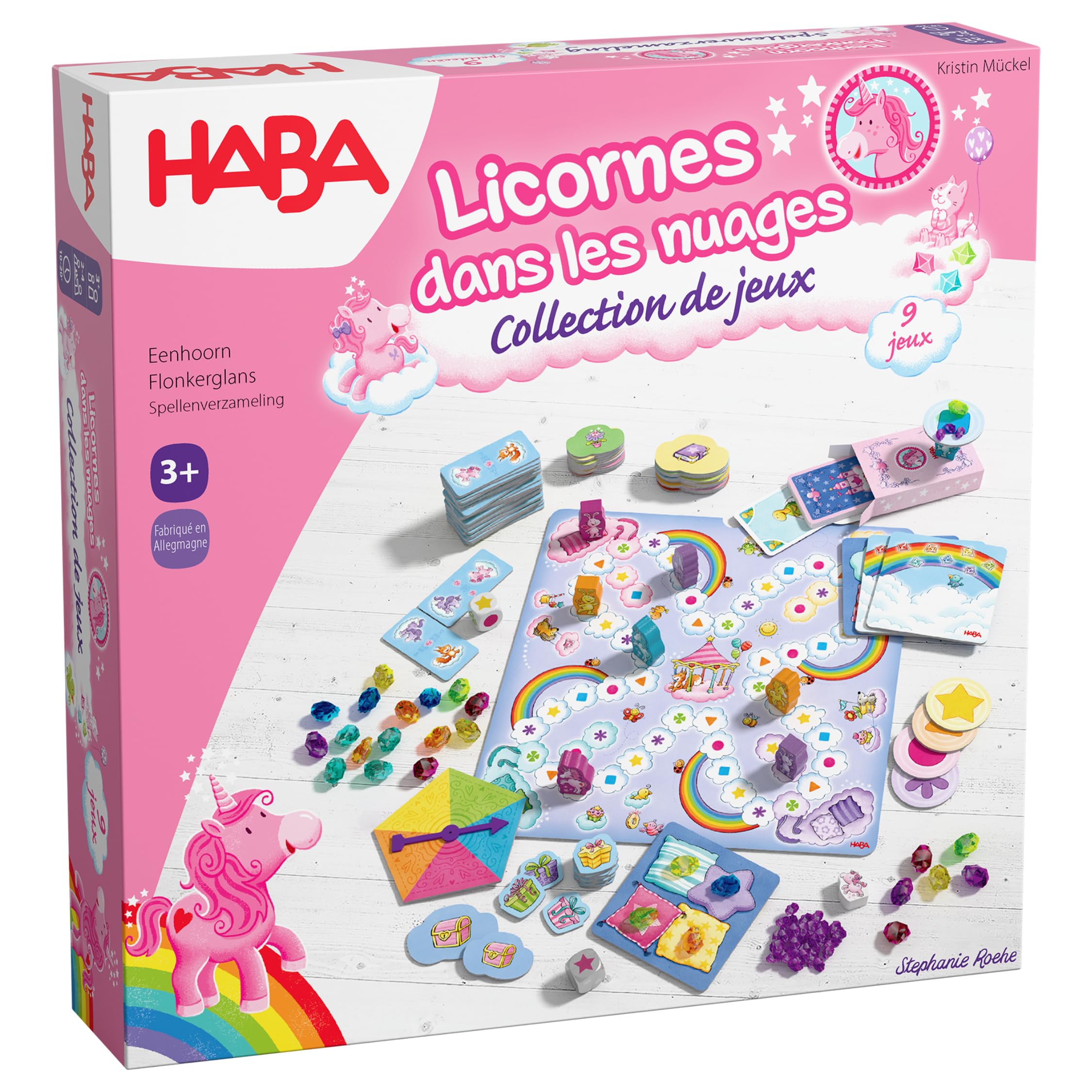 HABA Jednorożce w chmurach - kolekcja gier od 3 lat z 9 różnymi zestawami kości, kart i planszy dla 2-4 dzieci, łatwa do wyjaśnienia - 2012231002