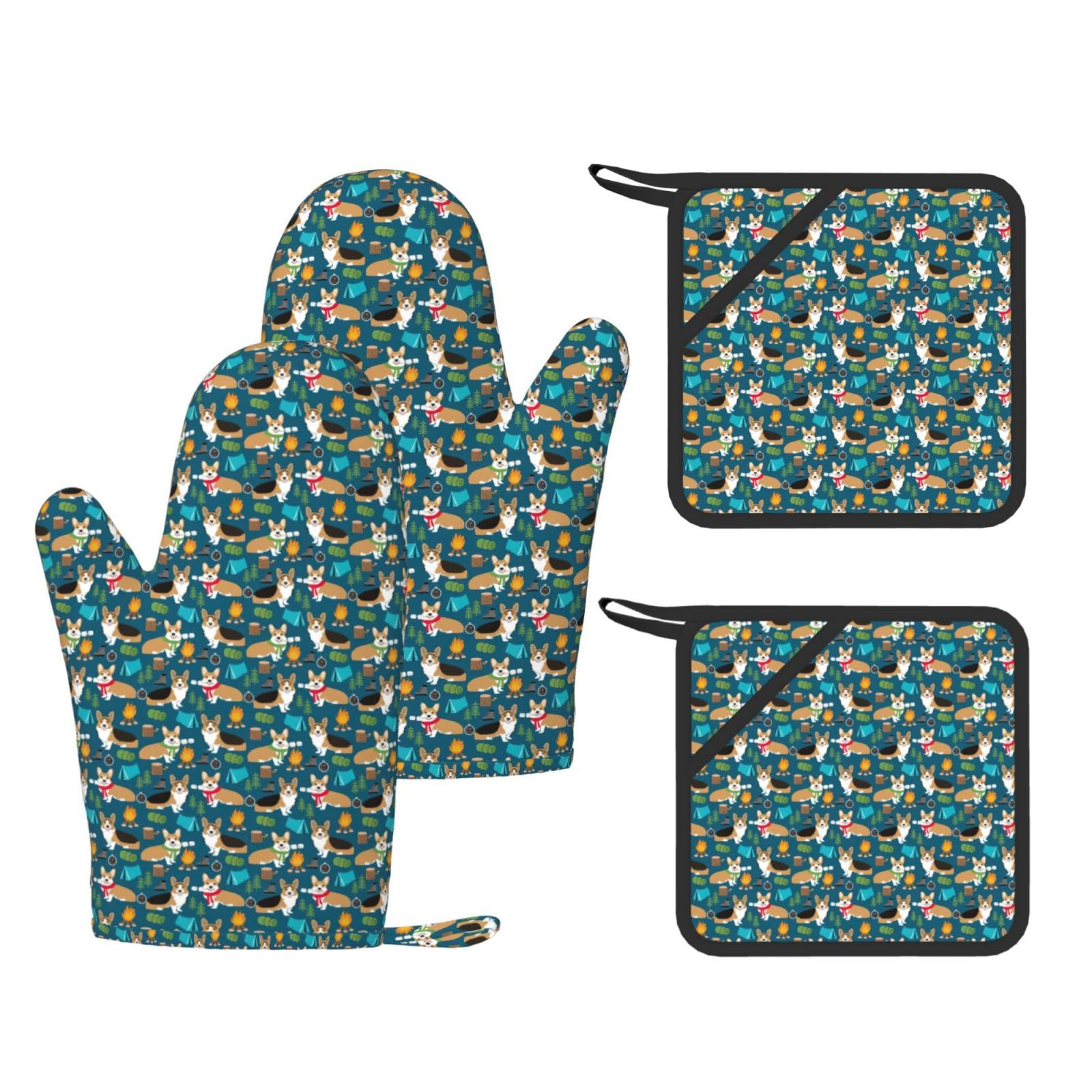 Nimongt Black Corgi Print Heat Resistant Gloves Pads Reusable Kitchen Set Oven Baking Grilling Cooking