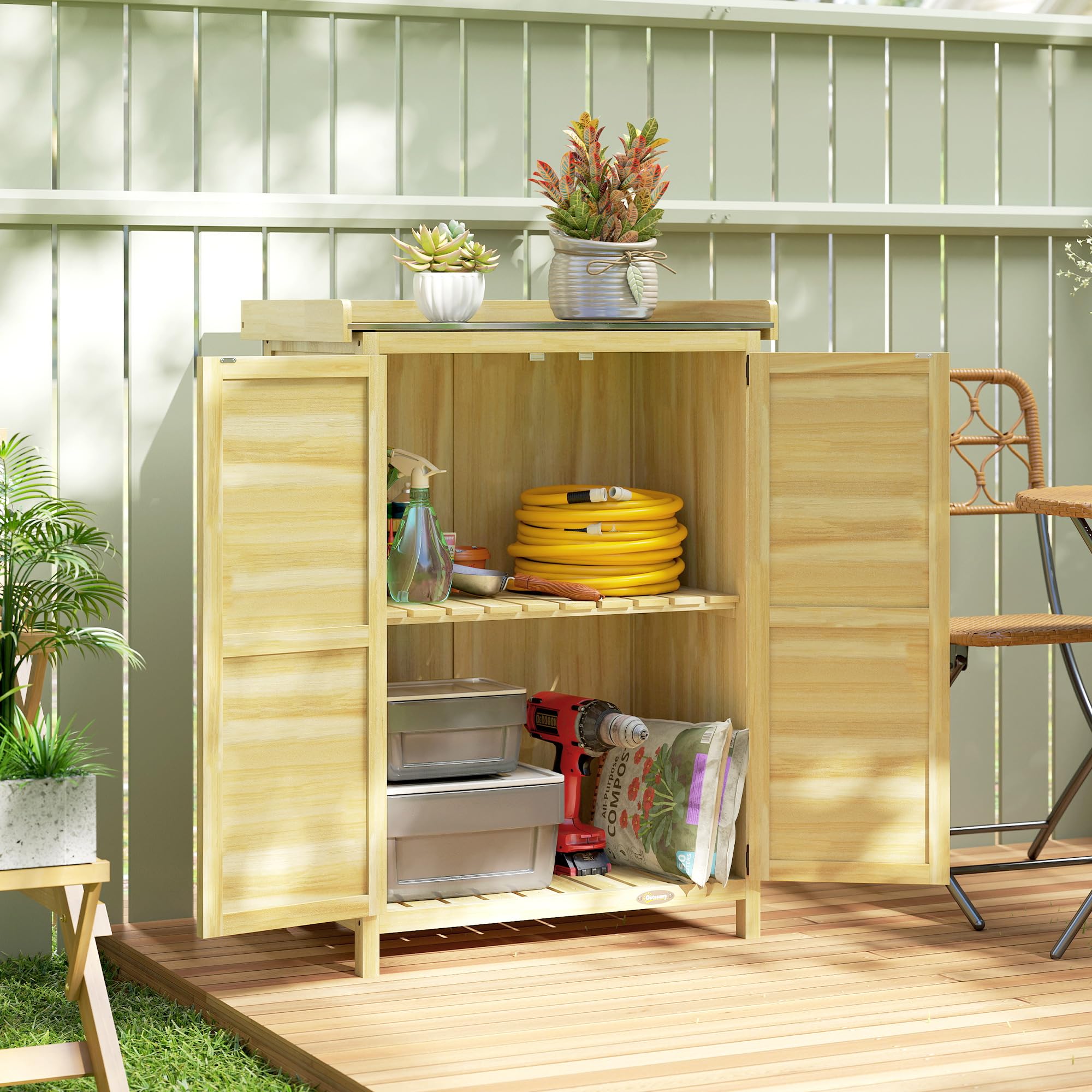 Outsunny Casetta da Giardino in Legno di Abete con Ripiani e Ganci Laterali, Armadio da Giardino con Doppia Porta e Piano di Lavoro in Acciao Zincato per Terrazza Patio, 71.5x39x95cm, Naturale