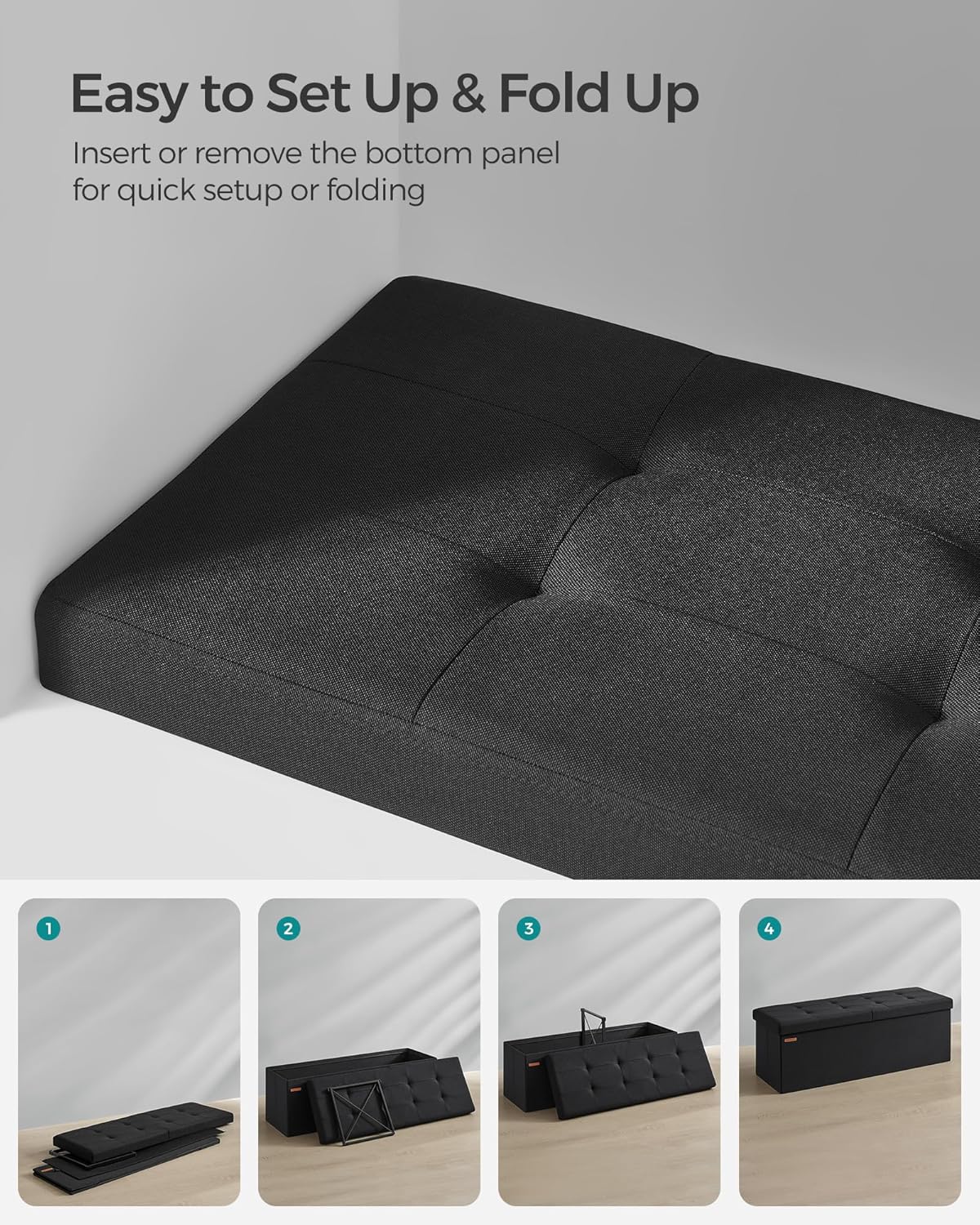 SONGMICS Mazie Collection - 43 Inches Storage Ottoman, Foldable Storage Bench with Flipping Lid, 660 lb Load Capacity, for Entryway, Living Room, Bedroom, Ink Black ULSF076B01 - Image 6