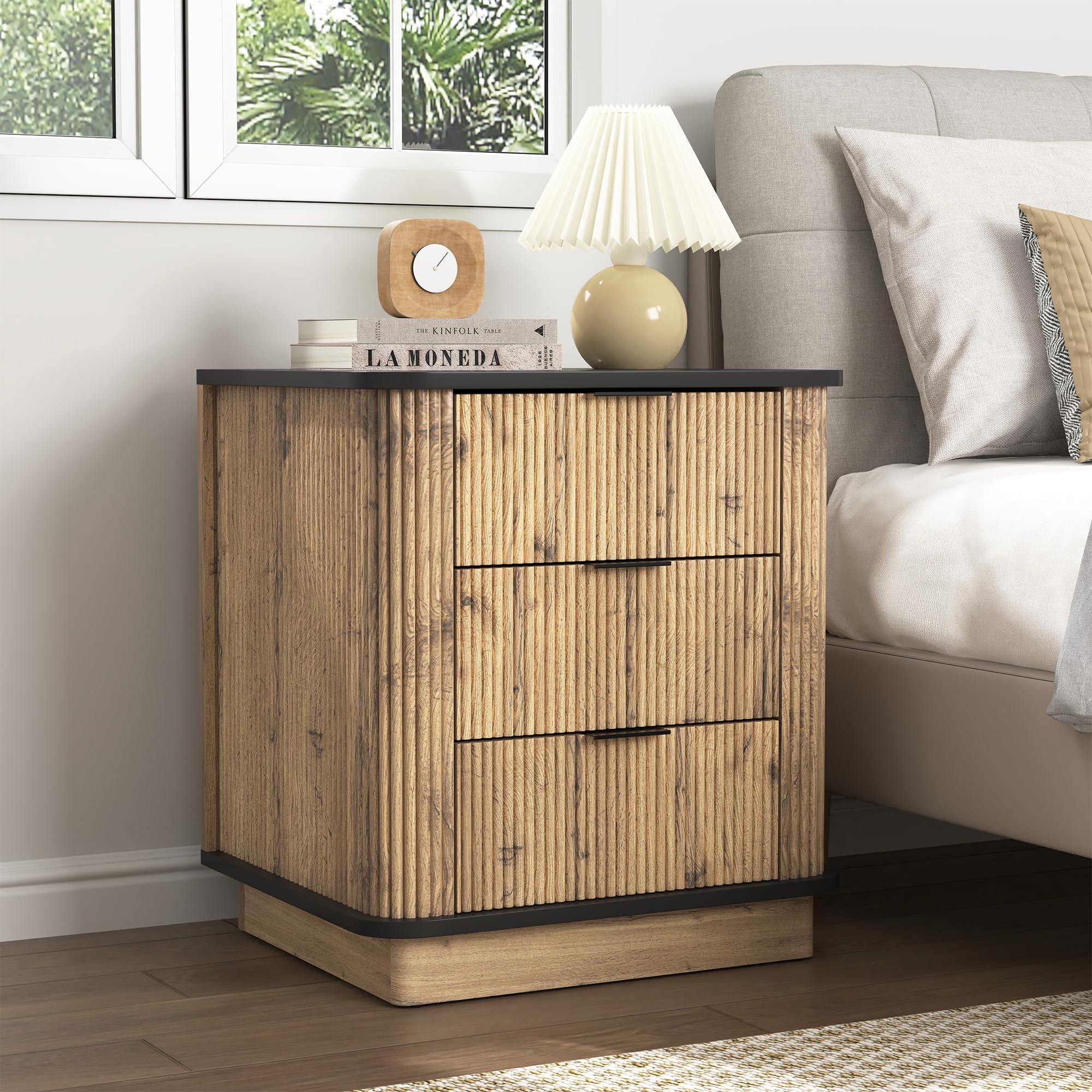 Vohuai Fluted Nightstand,19" Wide Side Table with 3 Storage Drawers, Mid Century Modern Wood Night Stand, Boho Nightstand for Bedroom, Living Room