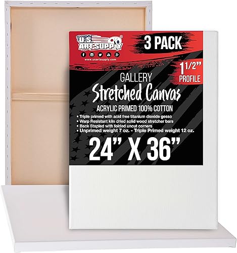 U.S. Art Supply Lienzos estirados XL para pintar, 24 x 36 pulgadas, profundidad de galería, 1-1/2 pulgadas de grosor, paquete de 3 – 12 onzas de