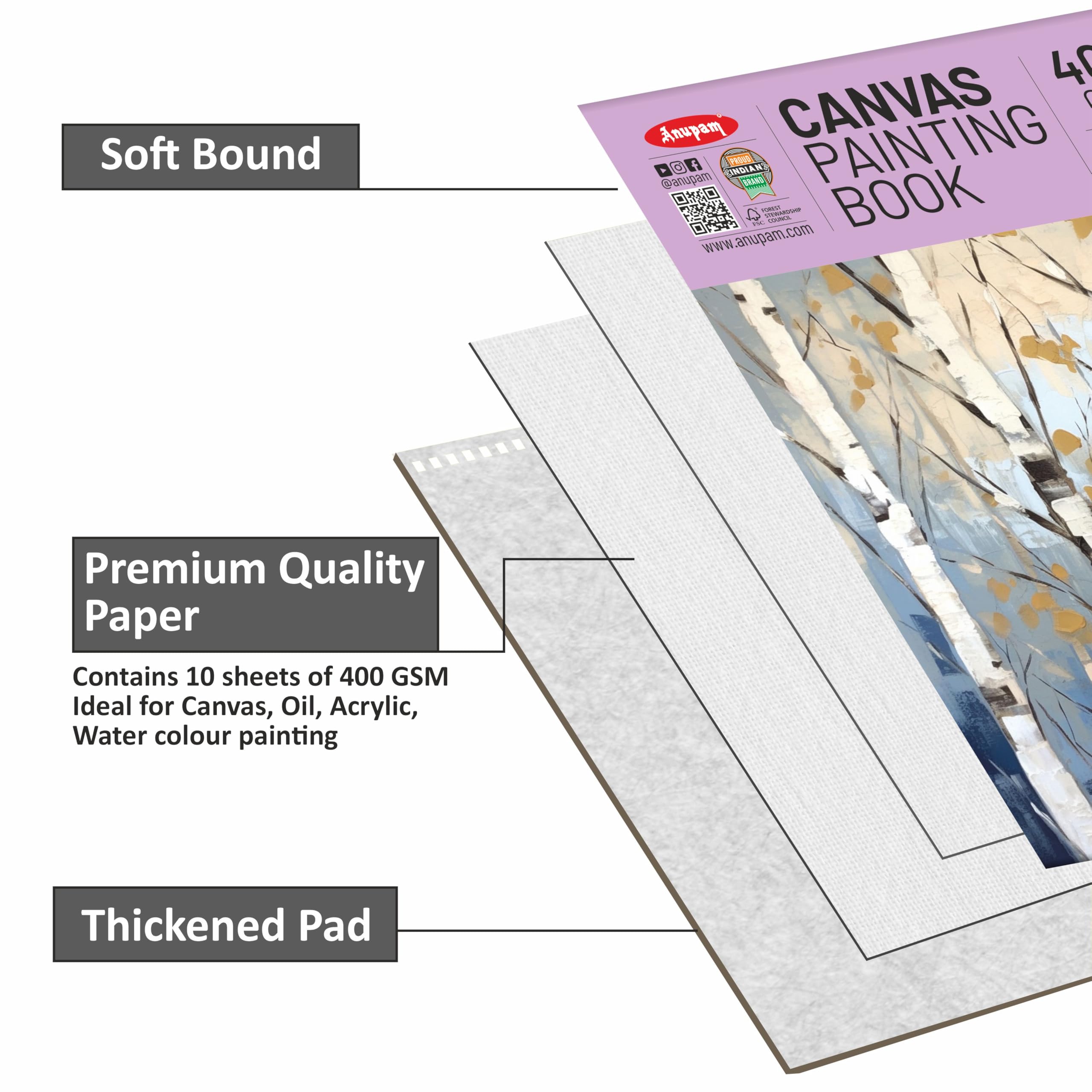 Anupam Canvas Painting pad 100% Cotton Acrylic Gesso Primed with Acid Free Paper 10 Sheets 400 GSM for Acrylic and Oil Painting (A4) 2