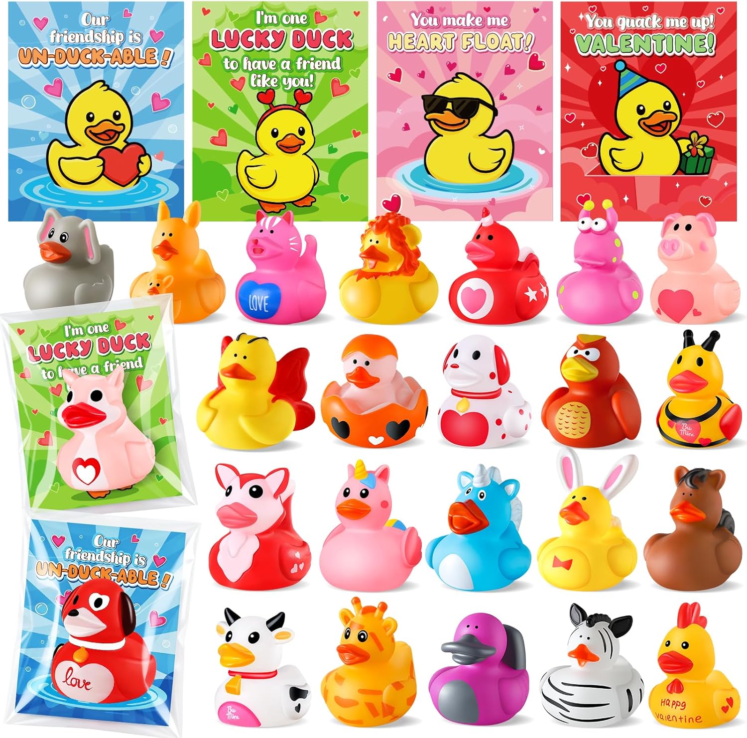 24 Pcs Rubber Ducks with Cards for Kids School Classroom, Animal Theme Rubber Ducks in Bulk, Gifts for Kids Classroom Exchange Prizes, Summer Party Favors